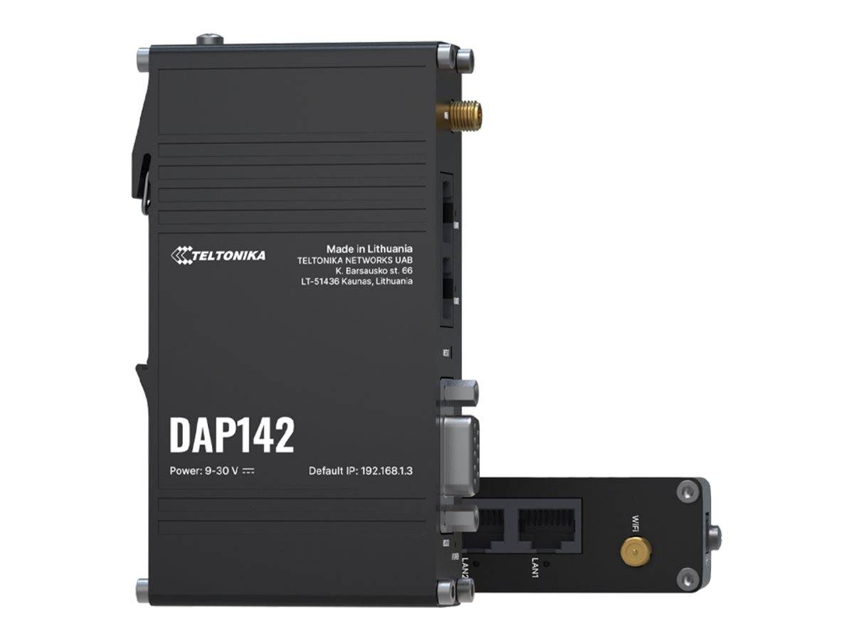 Teltonika DAP142 Wireless-Zugangspunkt mit Antennen/Anschlüssen, gekennzeichnet mit Modellname, Stromversorgung 9-30 V und Standard-IP 192.168.1.3.