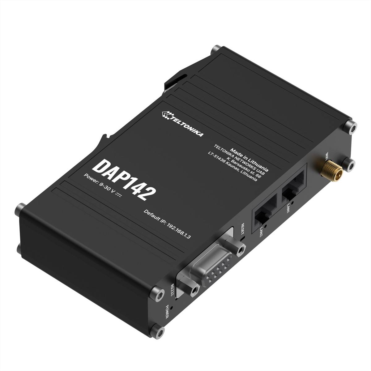 Schwarzer Teltonika DAP142 Industrial-Wireless-Zugangspunkt in angewinkelter Produktansicht mit Ethernet-Anschlüssen und Antennenstecker.