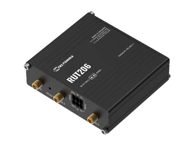 Teltonika RUT206 Industrie-Router mit drei goldenen Antennensteckern und einem Ethernet-Port auf einem schwarzen rechteckigen Gerät.
