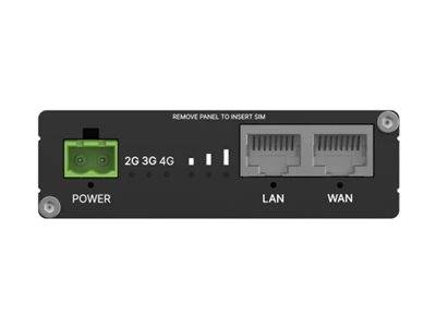 Frontplatte eines Netzwerk-Routers mit Stromeingabe, 2G/3G/4G-Signalanzeigen und beschrifteten LAN- und WAN-Anschlüssen.