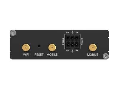Schwarzes Hardware-Panel mit WiFi-, RESET- und MOBILE-Anschlüssen sowie einem zentralen RS485/RS232-Anschluss mit den Bezeichnungen D+, D-, TX und RX.