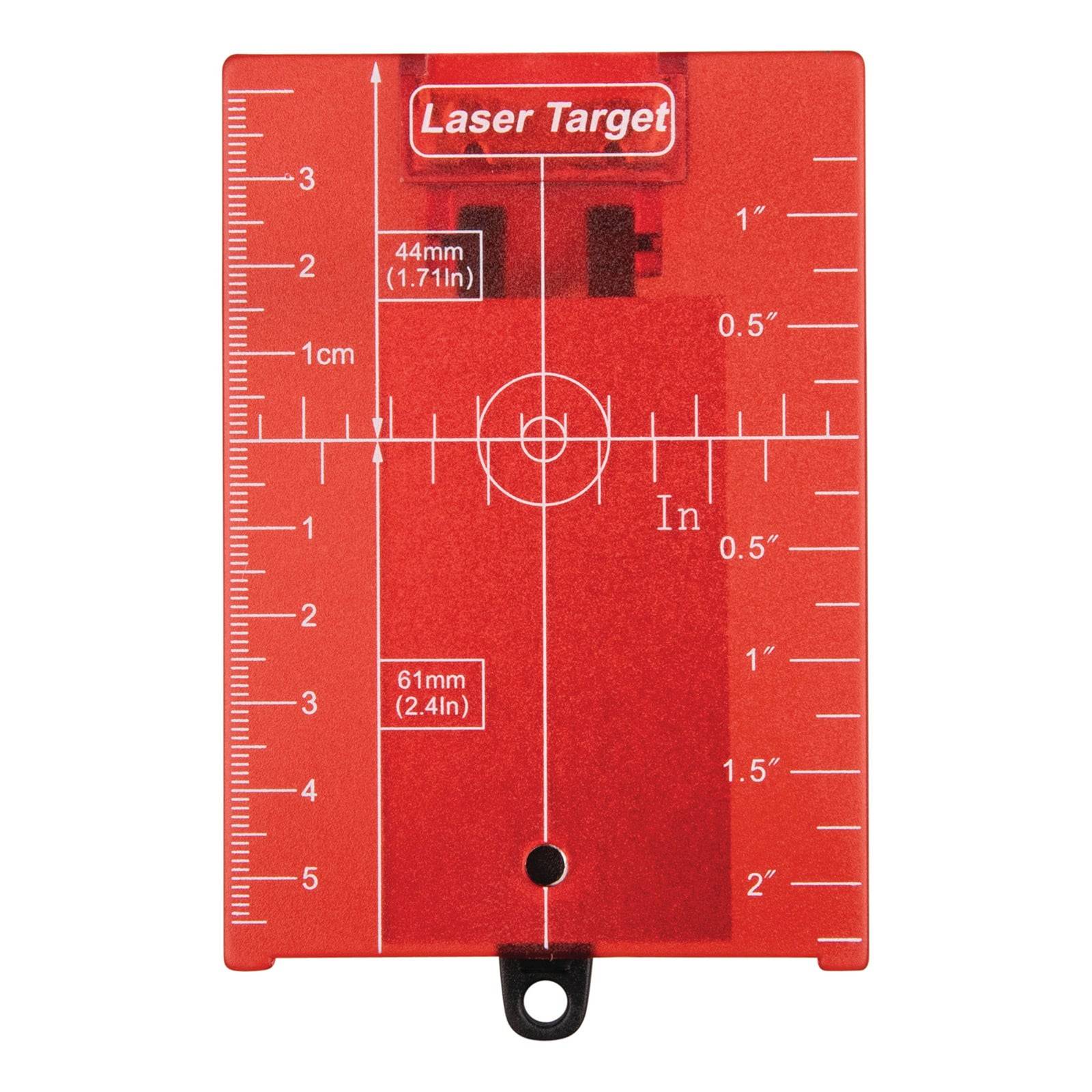 Roter Laserzielstrahl mit Messskala in Zentimetern und Zoll für präzise Laseausrichtung.
