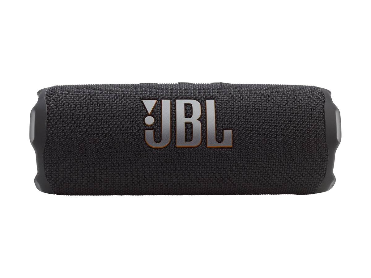 Ein tragbarer schwarzer zylindrischer Bluetooth-Lautsprecher mit dem 'JBL'-Logo auf der Vorderseite.