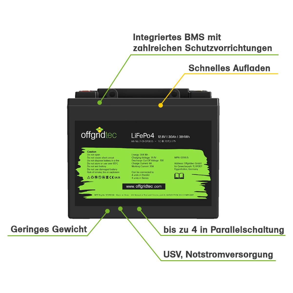 Offgridtec LiFePo4 Akku 12/30 12,8V 30Ah BMS integriert 384Wh