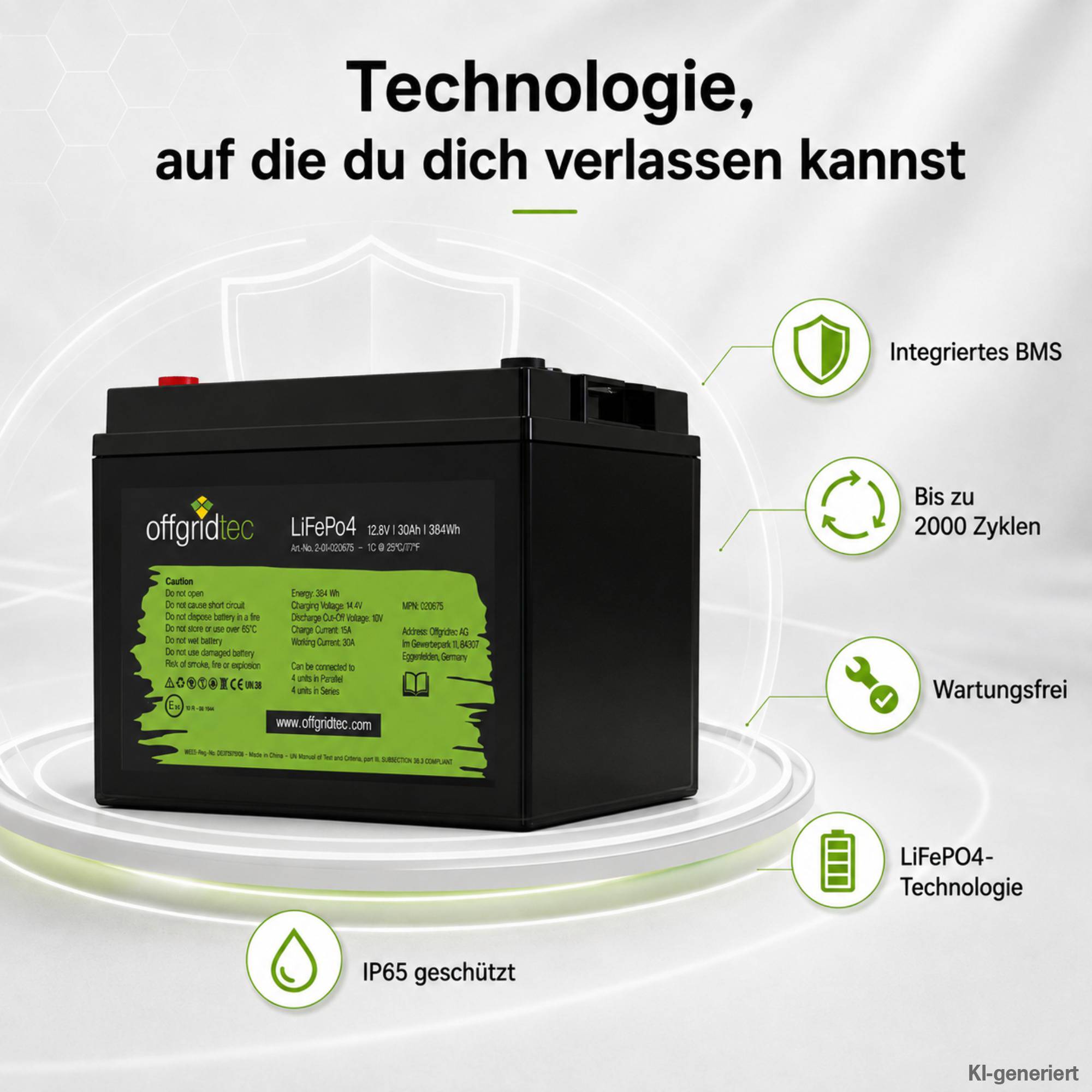 Offgridtec LiFePo4 Akku 12/30 12,8V 30Ah BMS integriert 384Wh
