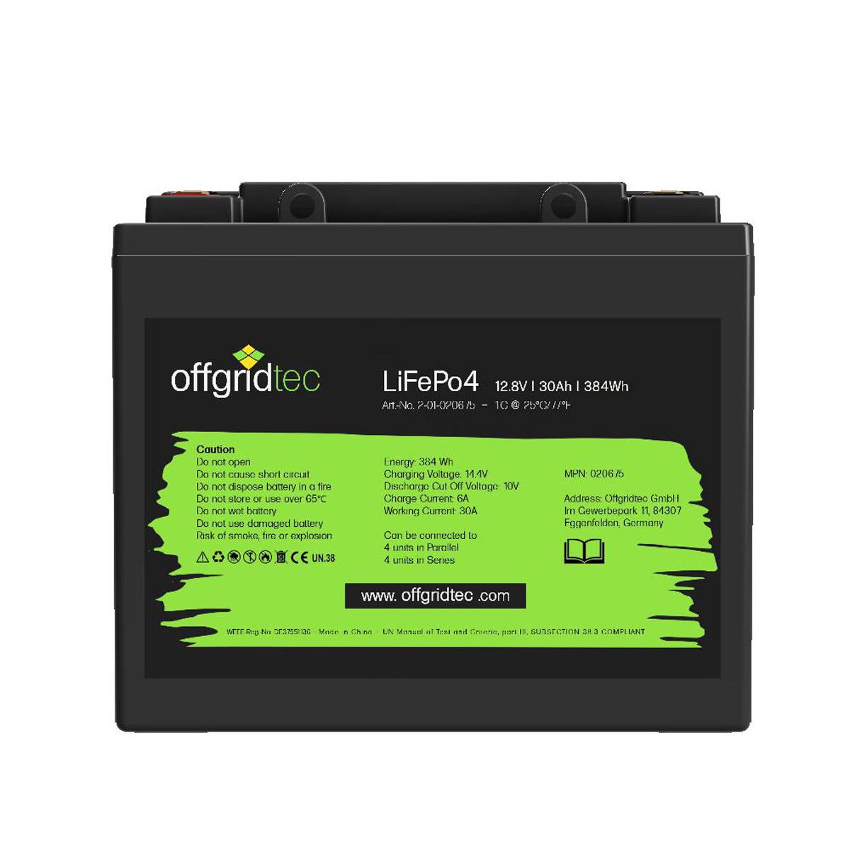 Offgridtec LiFePo4 Akku 12/30 12,8V 30Ah BMS integriert 384Wh