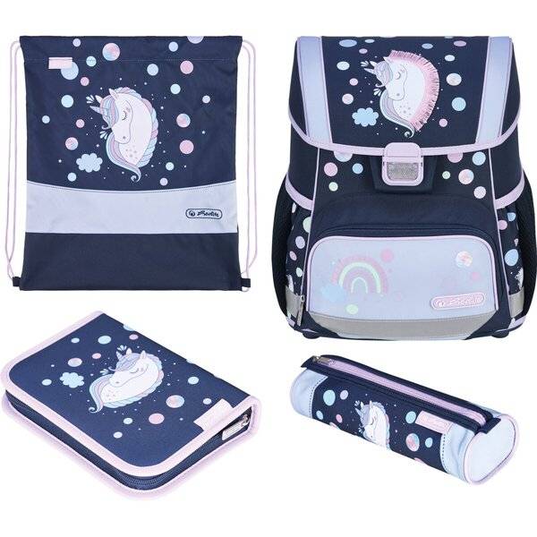 Satz von Marineblauen Einhorn-Schulzubehör: Rucksack, Turnbeutel, Federmäppchen und rundes Etui mit Pastellpunktmuster und Regenbogenakzenten.