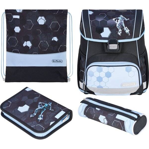 Rucksack, Beutel mit Kordelzug, Federmäppchen und Reißverschlussbeutel im gleichen schwarz-grau kariertem Sechskantmuster mit weltraumbezogenem Design.