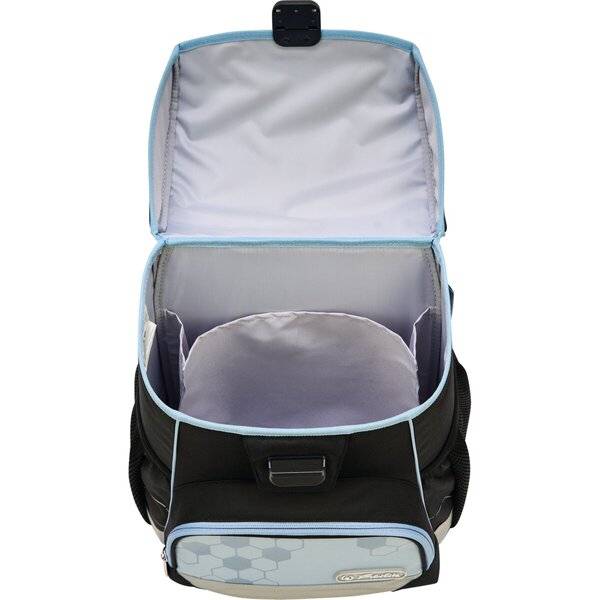 Offener schwarzer isolierter Kühlrucksack mit hellblauem Besatz und einer vorderen Reißverschlusstasche, gezeigt auf weißem Hintergrund.
