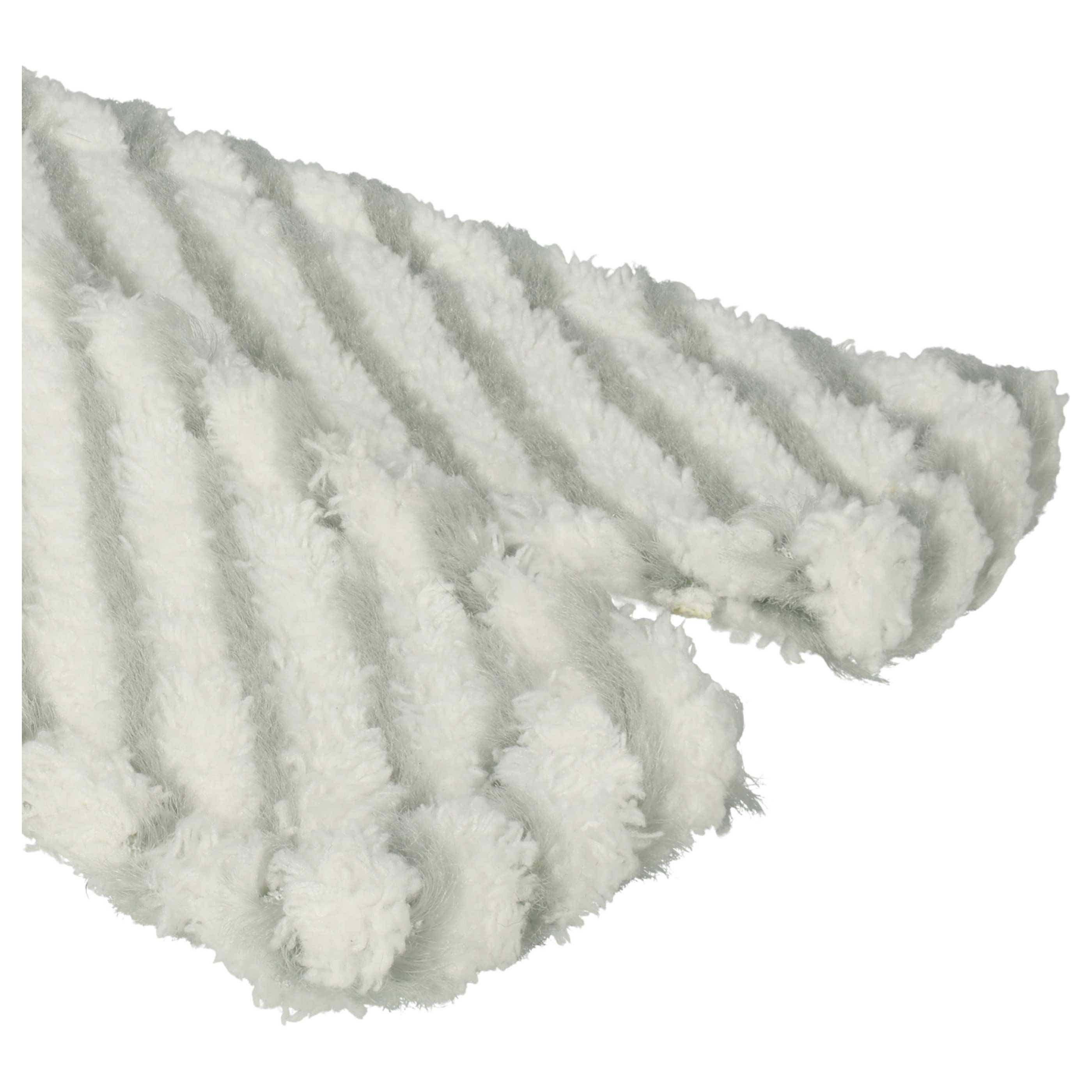 Eine Nahaufnahme eines weichen, strukturierten weißen Stoffes mit einem flauschigen, gerippten Muster, das ein Gefühl von Wärme und Komfort vermittelt.