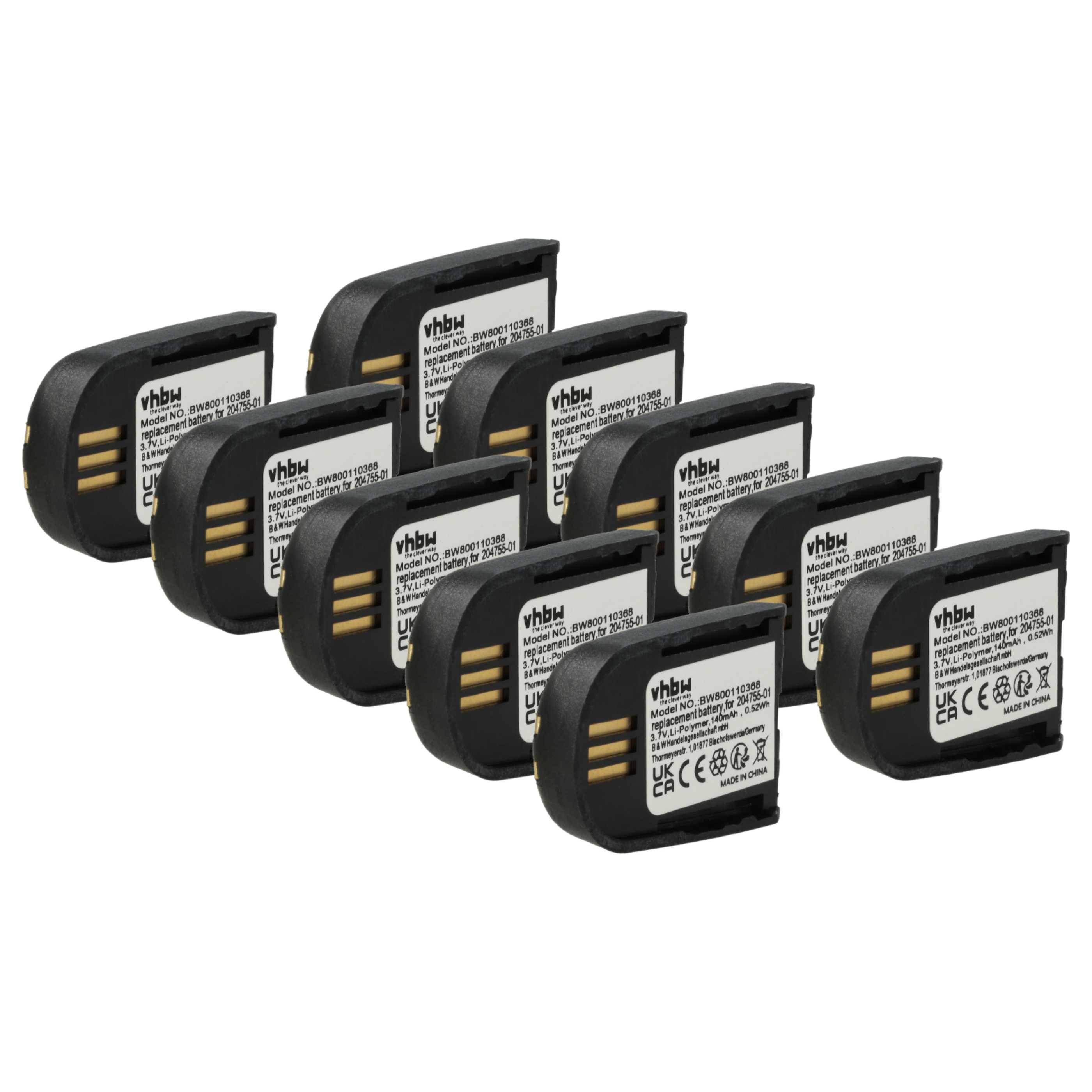 vhbw 10x Akku kompatibel mit Microsoft Office Communicator 2007 | Wireless Headset Kopfhörer (140 mAh, 3,7 V, Li-Polymer)