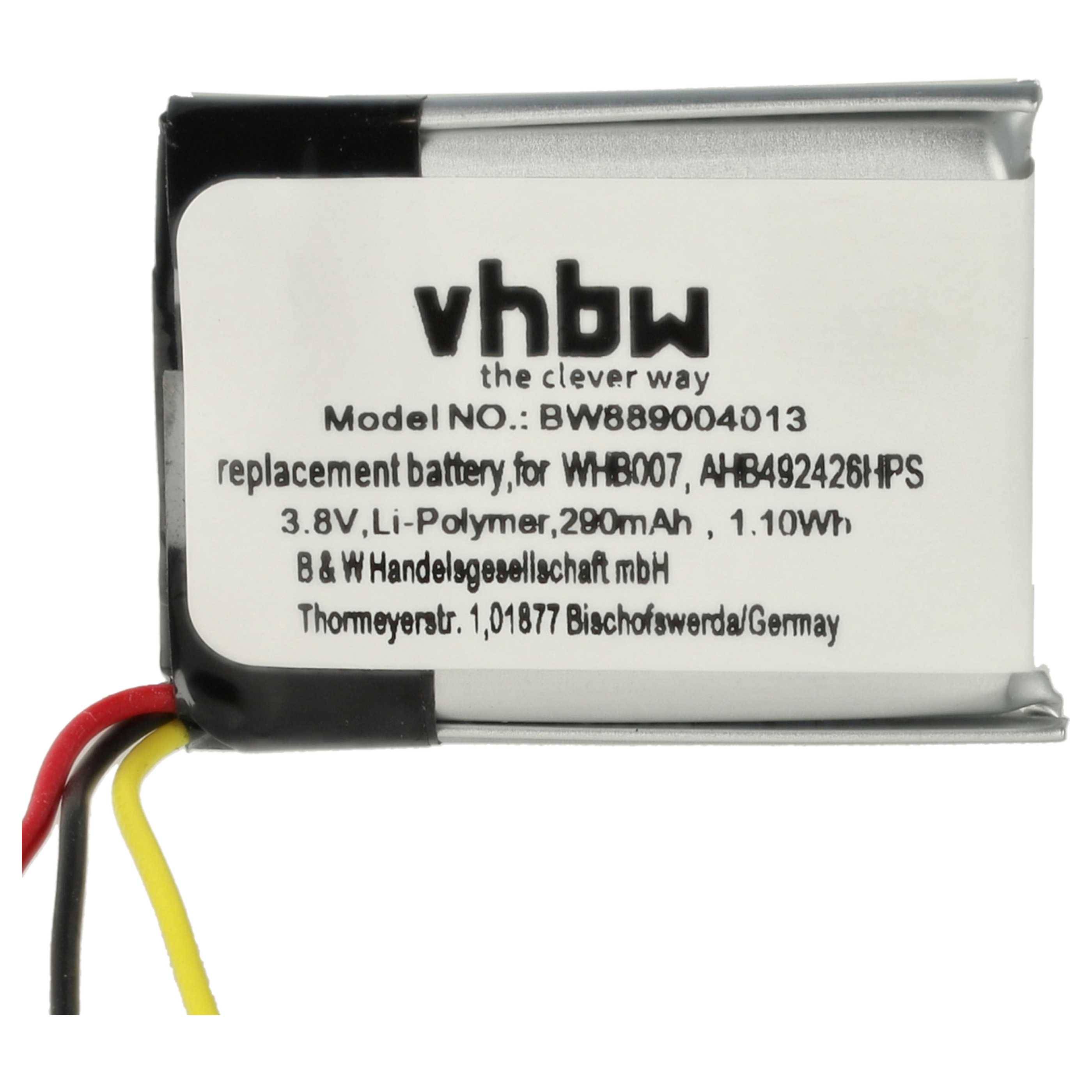 Ein rechteckiger Lithium-Polymer-Akku mit der Aufschrift „vhbw, Ersatzakku für WHB007, Li-Polymer, 3,8V, 290mAh, 1,10Wh