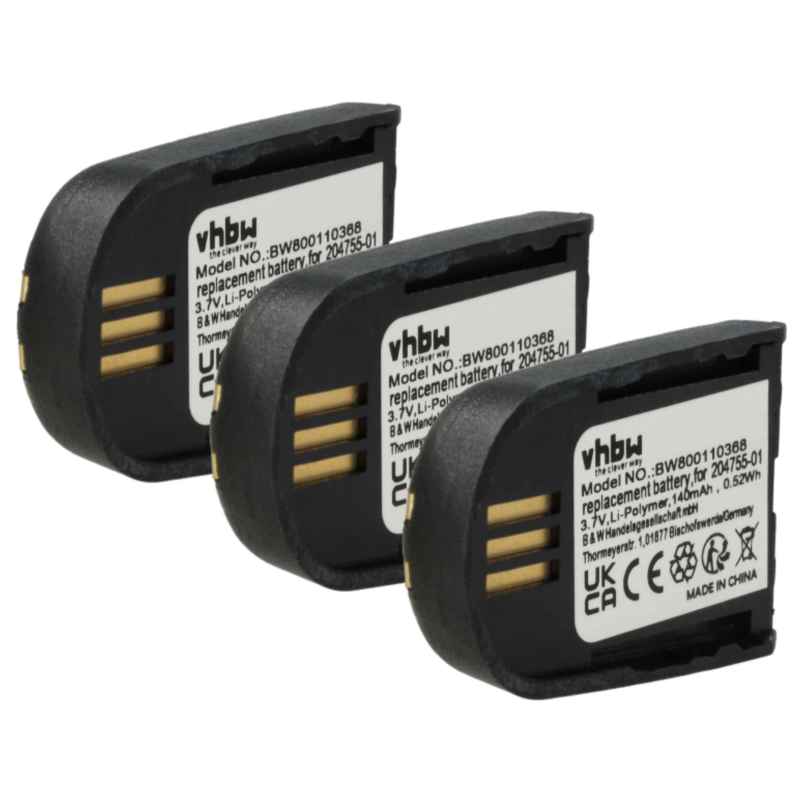 Drei vhbw Ersatzbatterien für spezifische Modellnummern, Modell 'BW800110358', 3,7V, Li-Polymer, hergestellt in China.