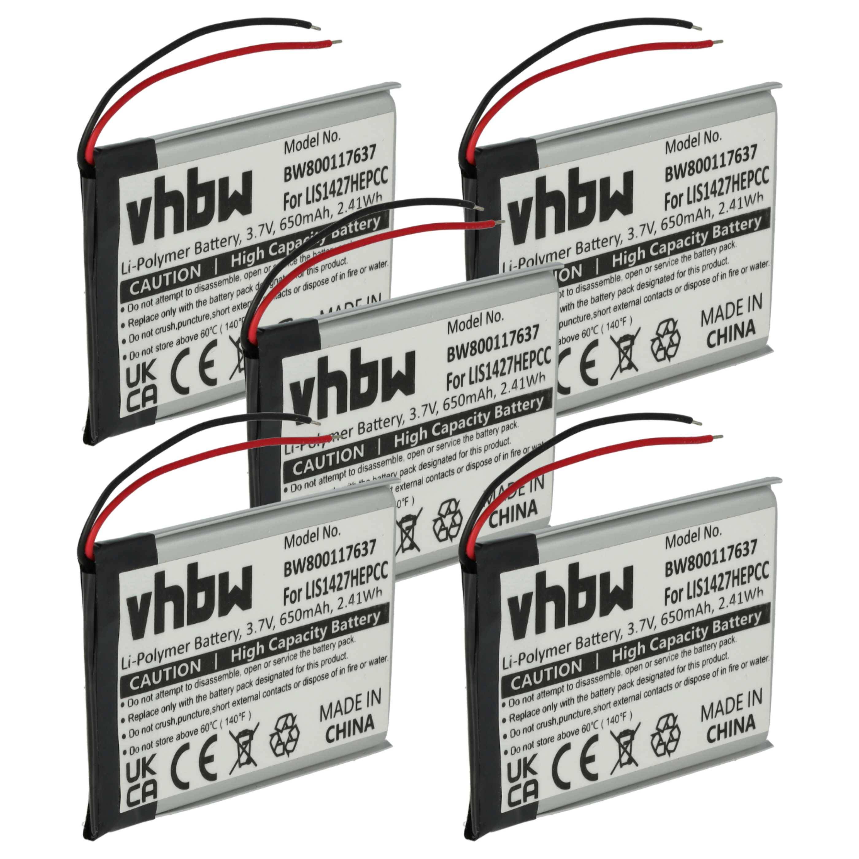 vhbw 5x Akku kompatibel mit Plantronics K100 Wireless Headset Kopfhörer (650 mAh, 3,7 V, Li-Polymer)