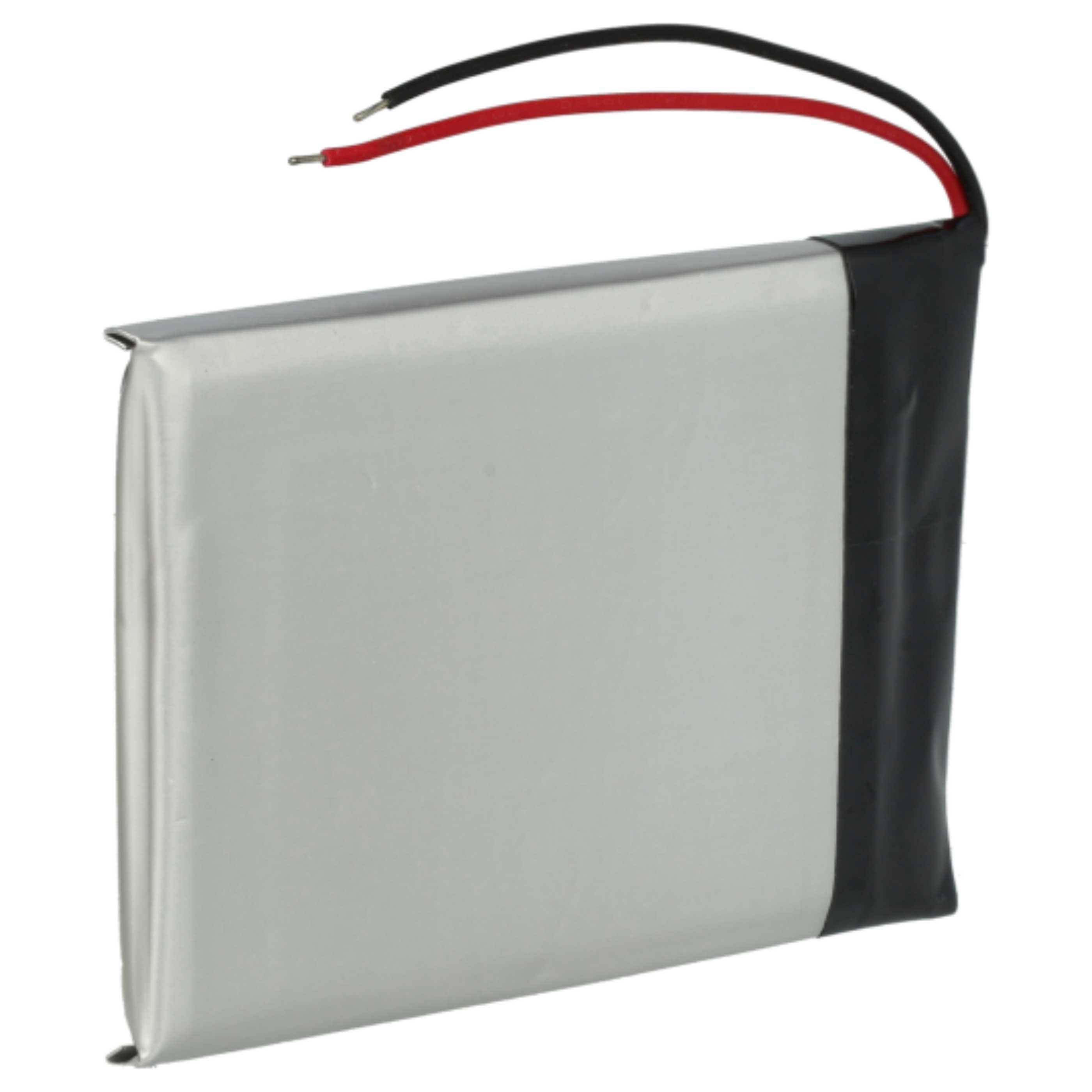 Eine Lithium-Polymer-Batterie mit zwei Drähten, rot und schwarz, die von oben herausragen.