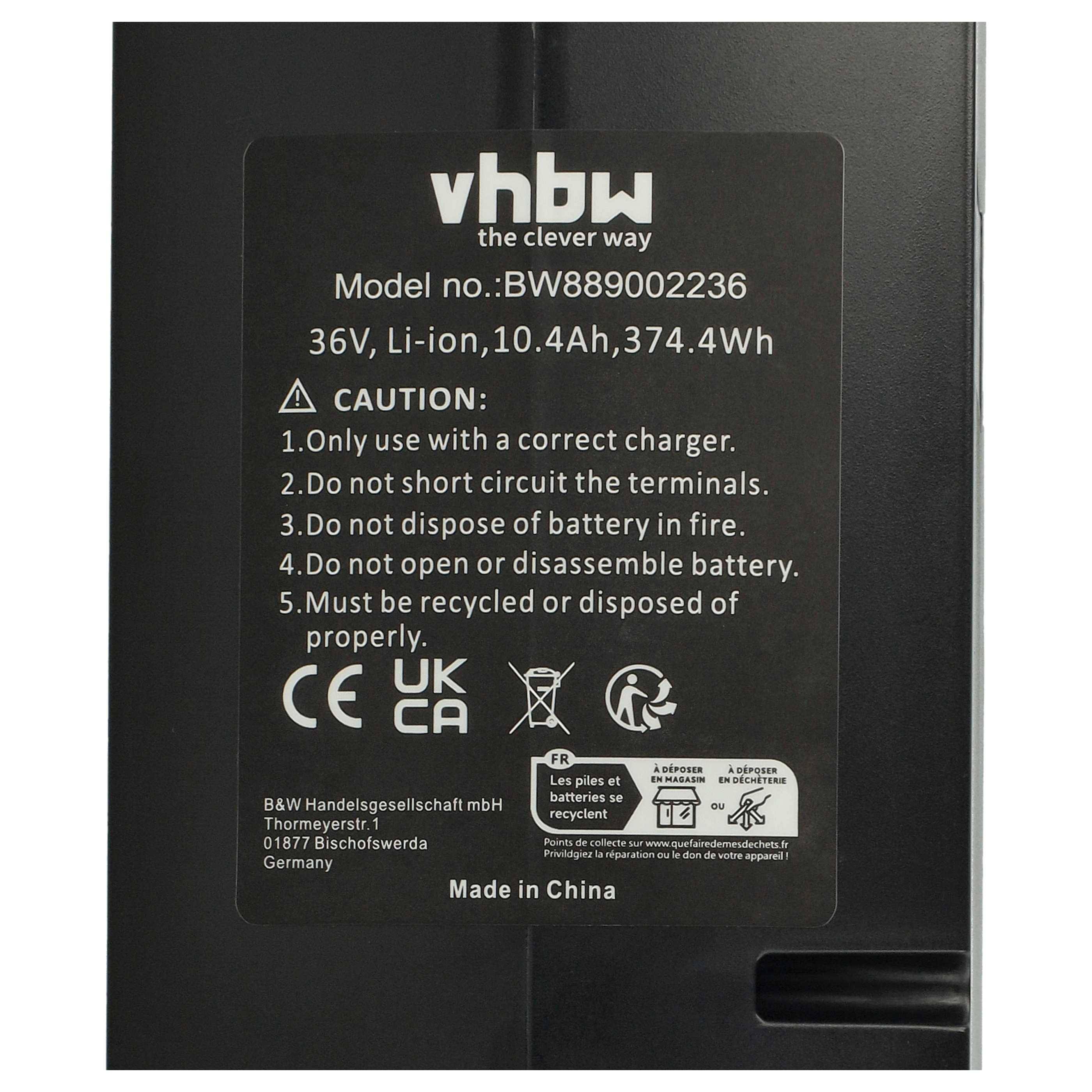 vhbw Akku kompatibel mit Diamant Beryll Esprit RT Gen 3, Esprit Gen 3, 160 Gen 3, RT Gen 3, Gen 3 E-Bike (10,4 Ah, 36 V, Li-Ion) - Schwarz