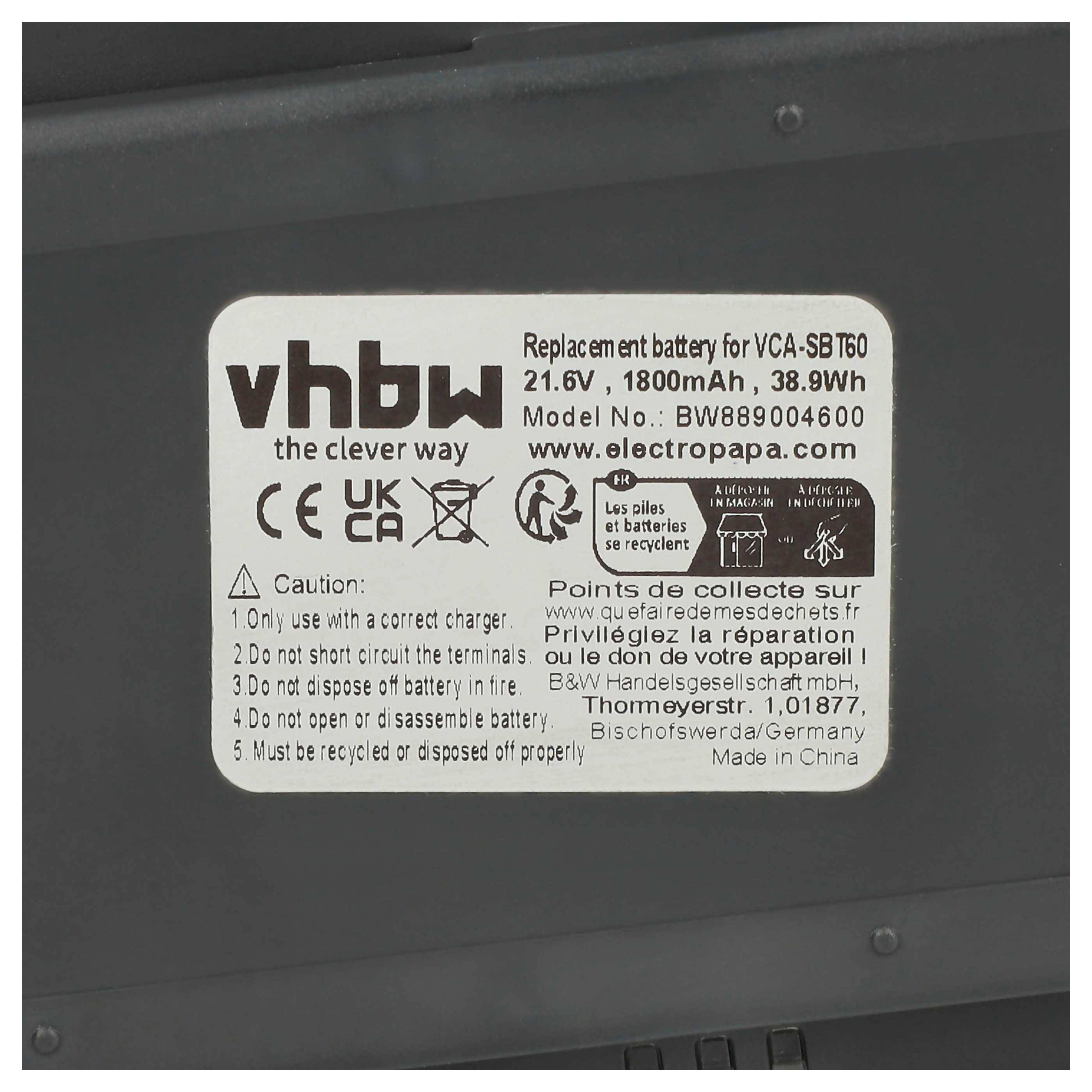 Batterieaufkleber zeigt „vhbw, 21,6V, 1800mAh, 38,9Wh, Modell Nr.: BW889004600, www.electropapa.com