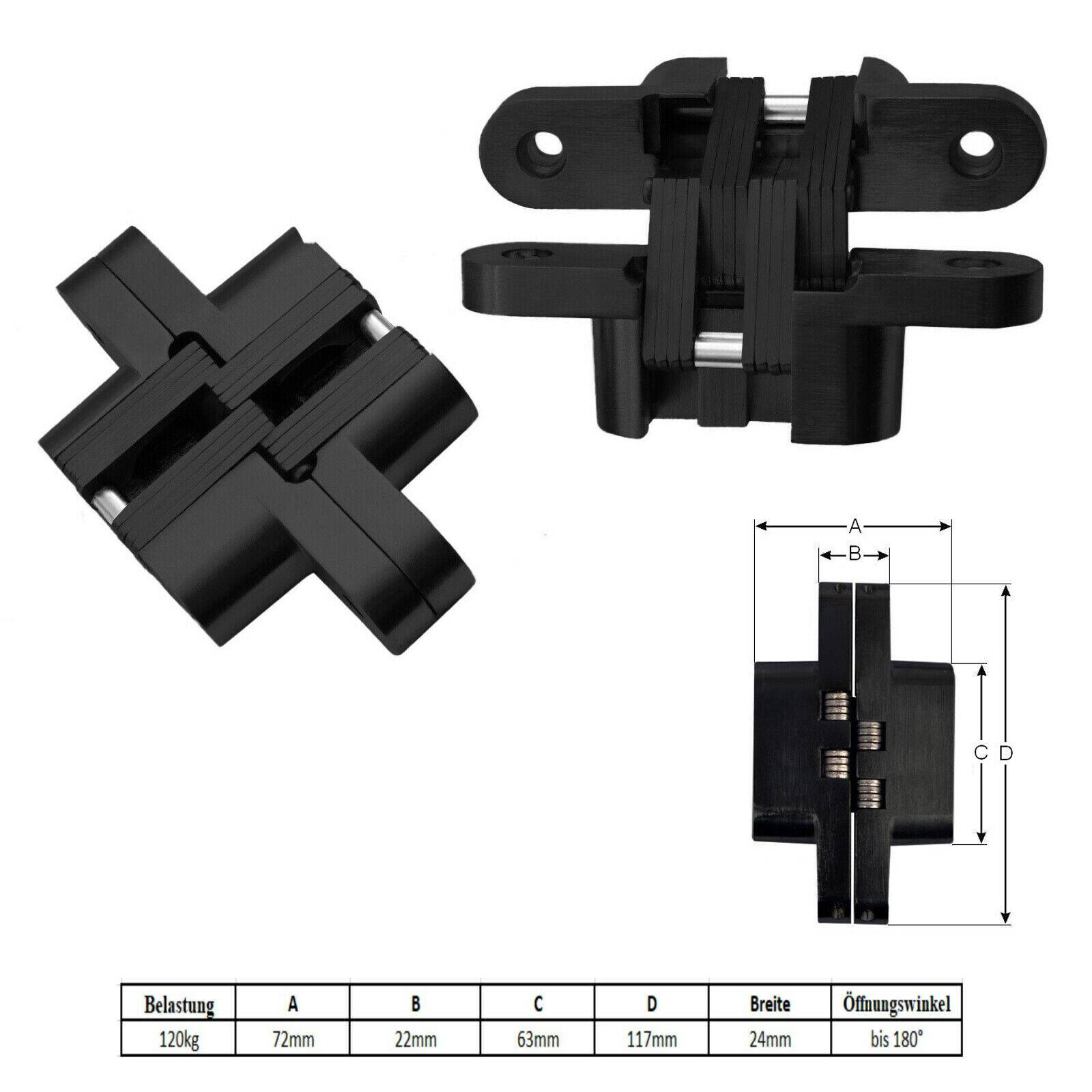 2x Edelstahl 180° Kreuz Schwerlastscharnier verdeckte Montage Scharnier Schwarz 120kg