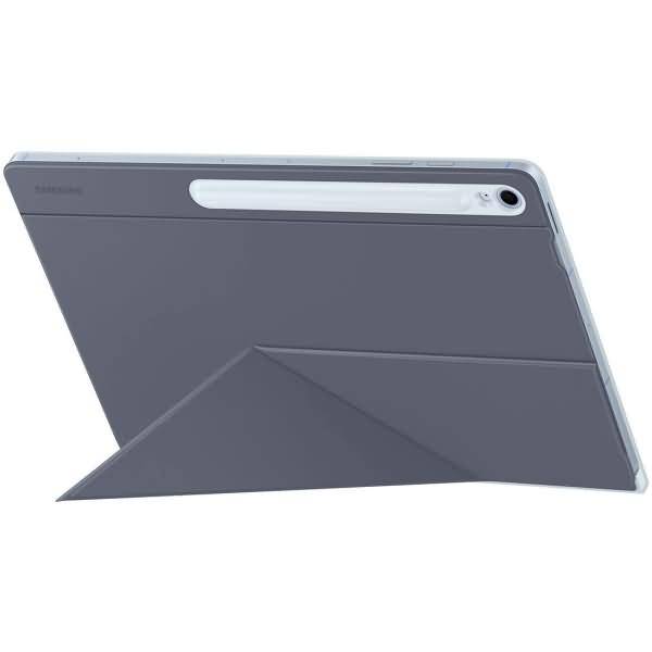 Graues Tablet mit integriertem Klappständer, von hinten auf weißem Hintergrund dargestellt.