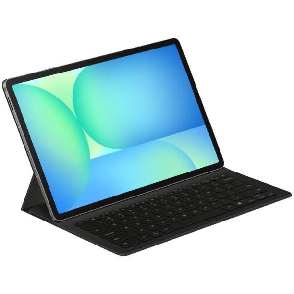 Ein schwarzes Tablet mit Tastaturgehäuse, das auf einem Ständer aufgestellt ist und einen blauen und grünen abstrakten Bildschirm auf weißem Hintergrund zeigt.