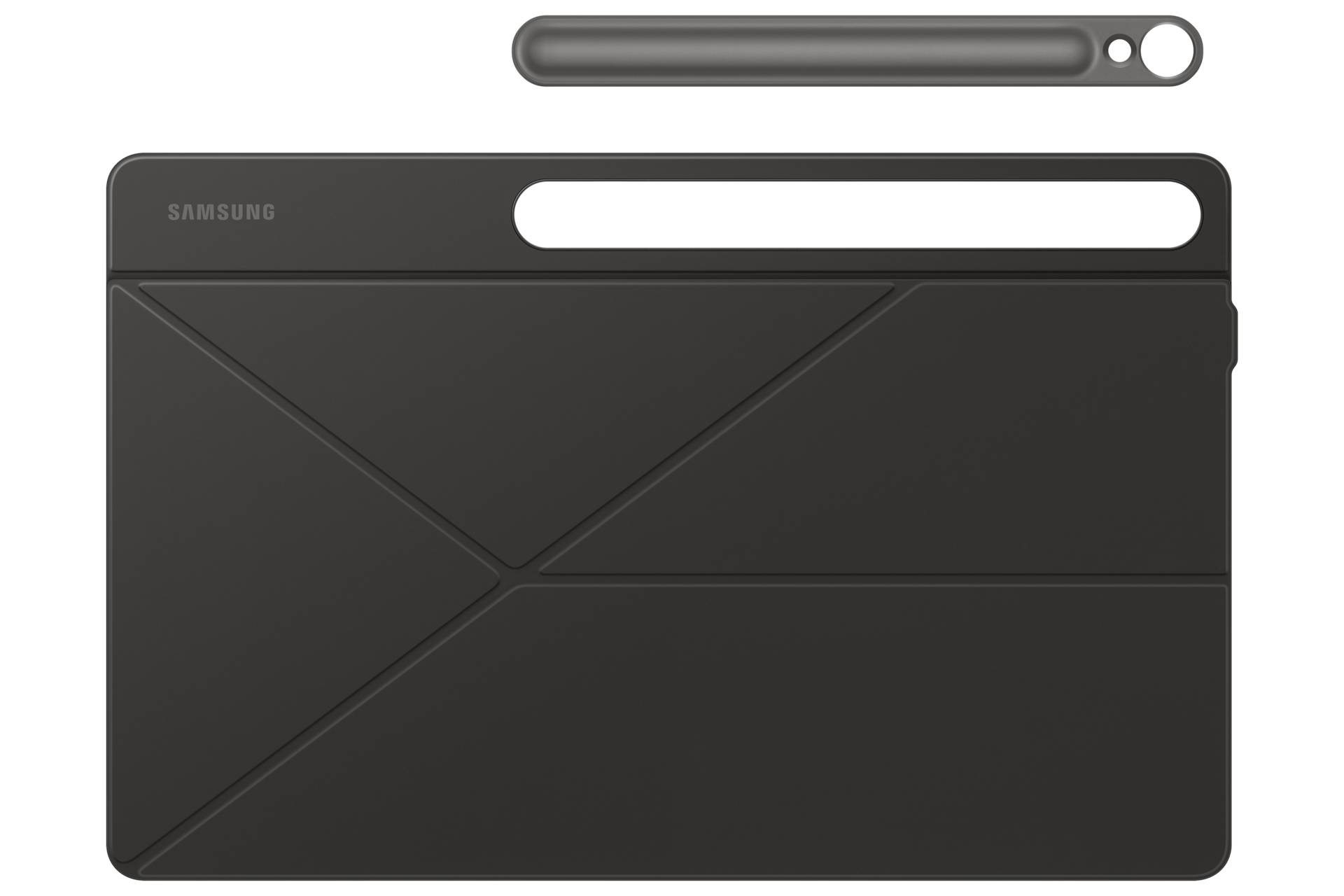 Samsung-Tablet-Hülle von hinten gezeigt mit einem faltbaren geometrischen Deckel und passender Stylus-Stift darüber