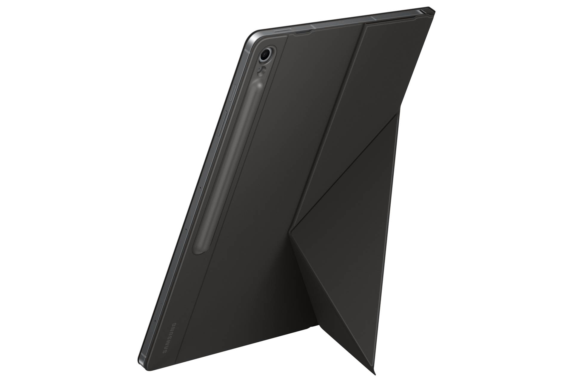 Schwarzes Tablet in einem faltbaren Origami-Etui, angewinkelt auf schwarzem Hintergrund dargestellt.