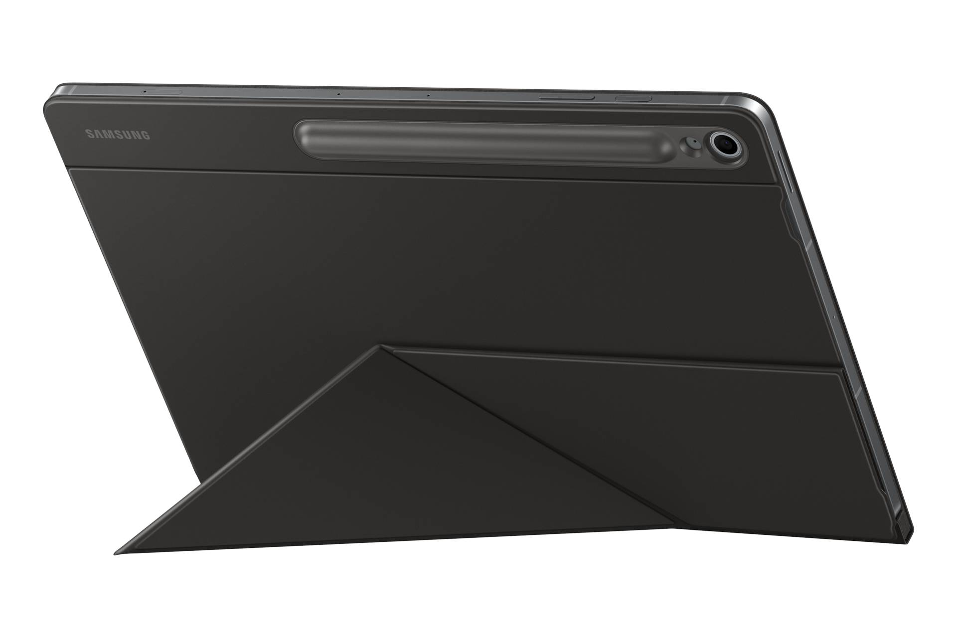 Schwarzes Tablet in einer faltbaren Ständerhülle, von hinten gezeigt mit sichtbarer Rückkamera und Stifthalter.