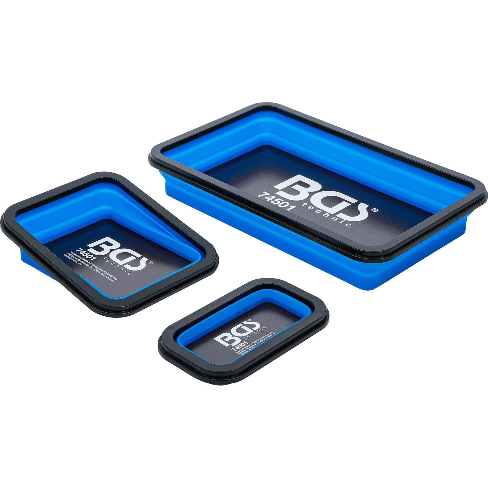 Drei ineinanderpassende rechteckige Tabletts mit schwarzen Kanten und blauen Innenflächen, mit der Marke 'BGS technic' versehen, zum Sortieren von kleinen Teilen oder Werkzeugen.