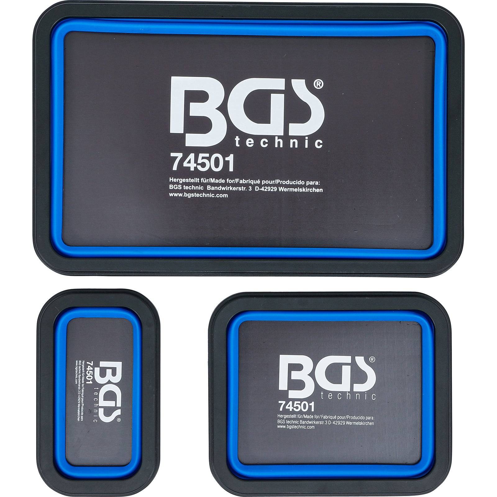 Drei schwarze und blaue magnetische Tabletts in unterschiedlichen Größen mit dem Markenlogo 'BGS technic' und der Modellnummer '74501', die darauf gedruckt sind.