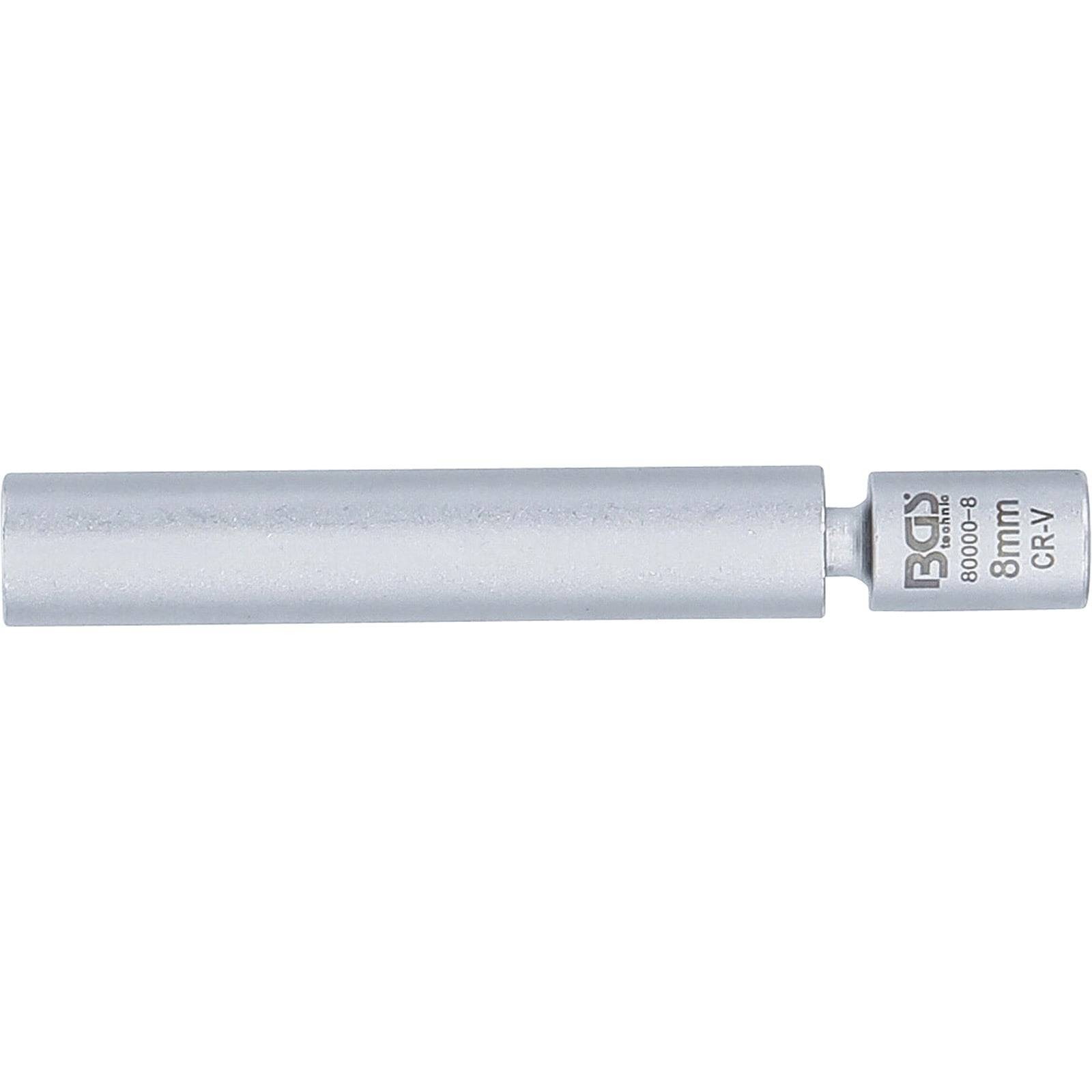 Ein silberner 8-mm-Steckschlüssel-Bit mit 'BGS'- und 'Cr.V'-Markierung, die eine Chrom-Vanadium-Konstruktion anzeigt und für Haltbarkeit konzipiert ist.