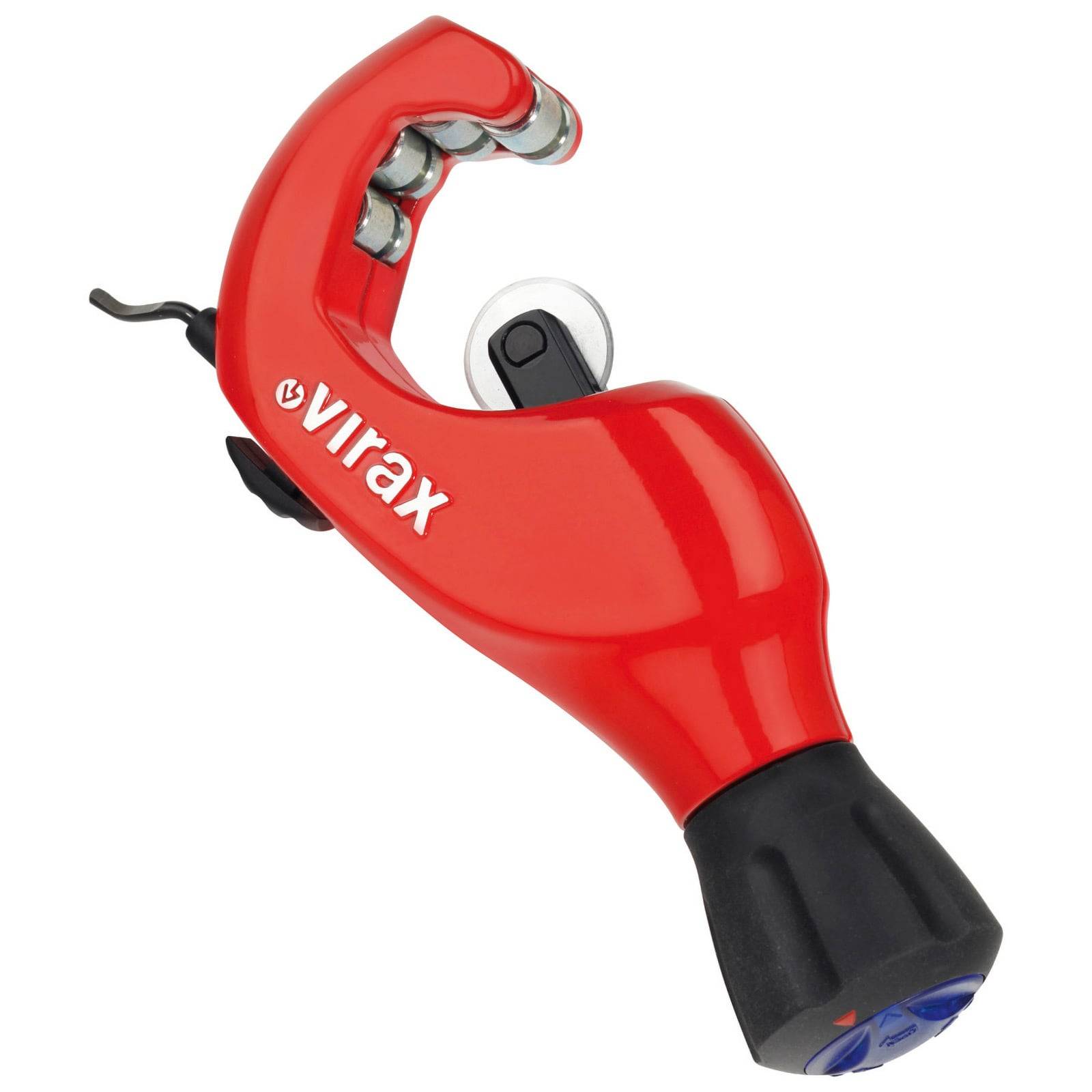 Ein roter Rohrabschneider mit schwarzem Griff, beschriftet mit 'Virax', der für präzises Rohrschneiden entwickelt wurde.