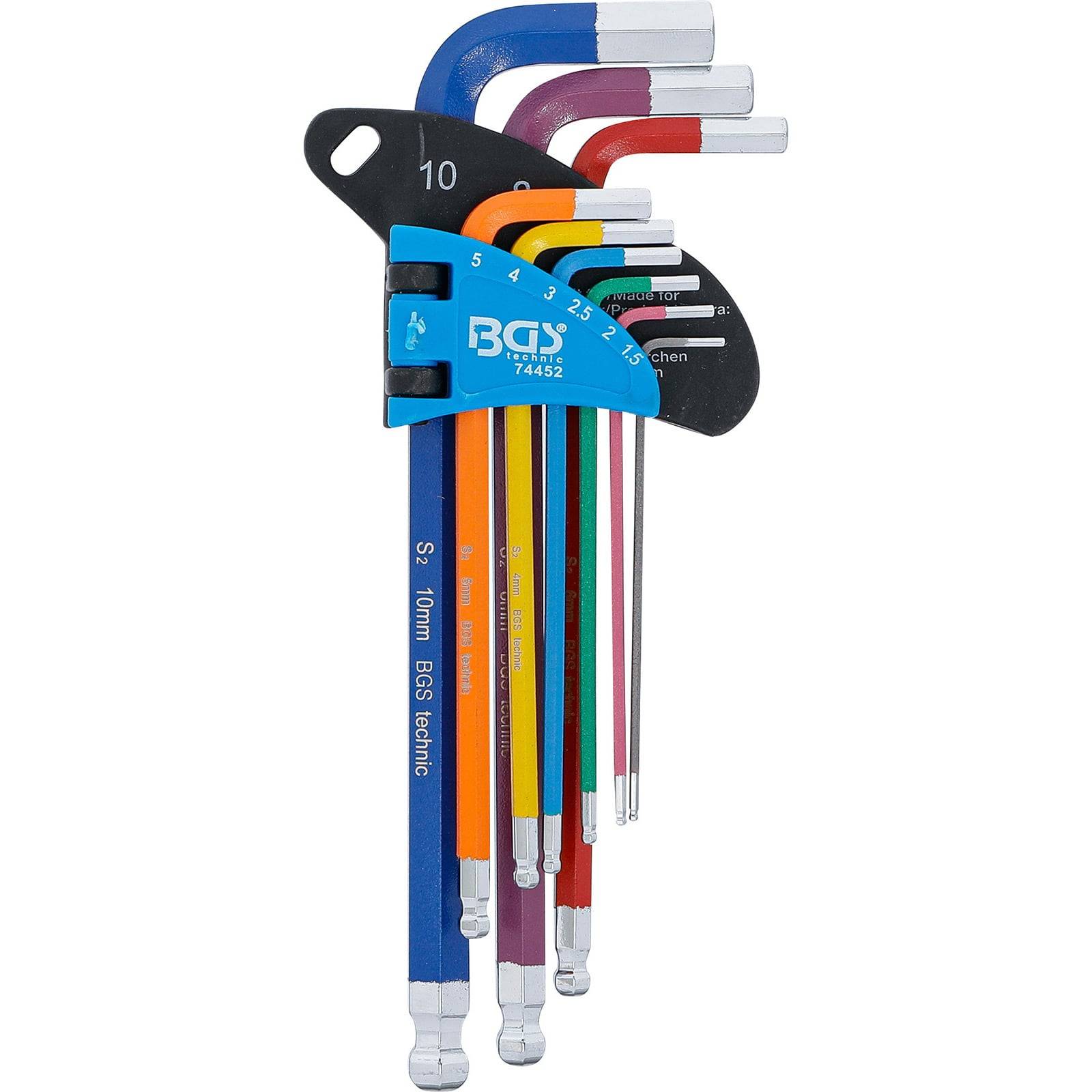 Ein Satz Sechskantschlüssel, sortiert nach Größe von 1,5 mm bis 10 mm. Jeder Schlüssel ist farbcodiert und in einem blauen Halter mit Größenangaben untergebracht.