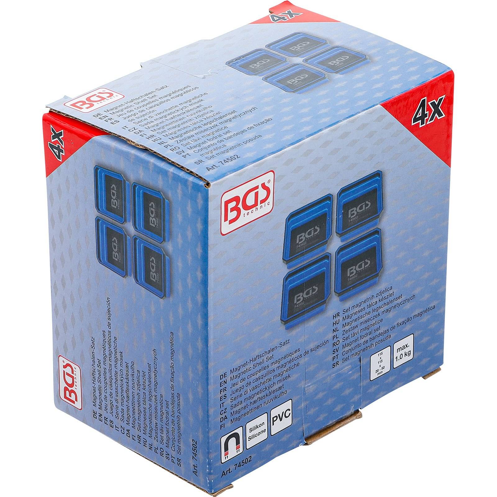 Eine 'BGS' markierte Box in Blau mit Musterung enthält vier Gummikissen für Wagenheber, jeweils 1000 kg schwer, mit Produktbildern und Beschreibungen in mehreren Sprachen.