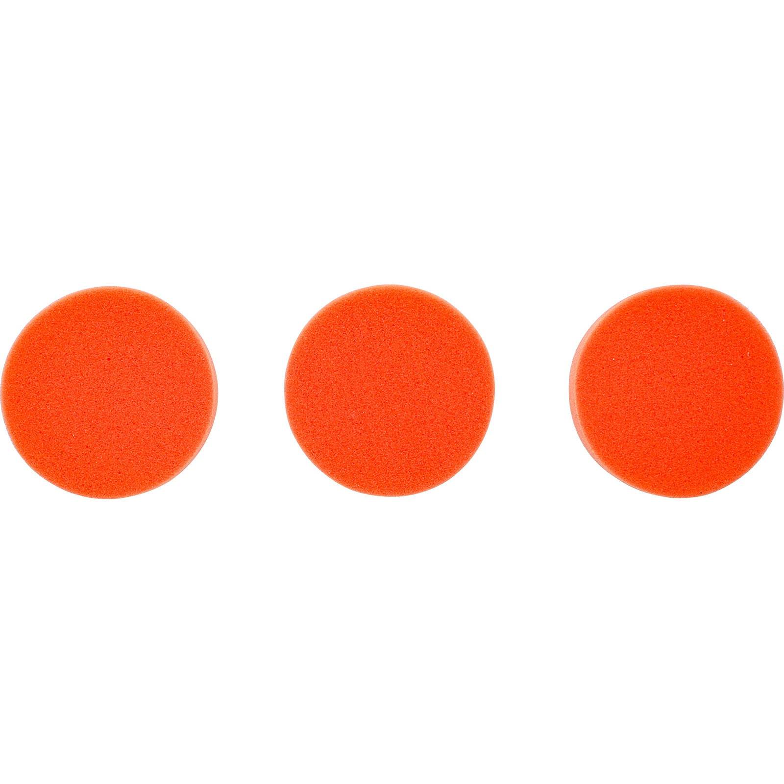 Drei gleichmäßig angeordnete, kreisförmige, leuchtend orangefarbene Flächen auf einem weißen Hintergrund.
