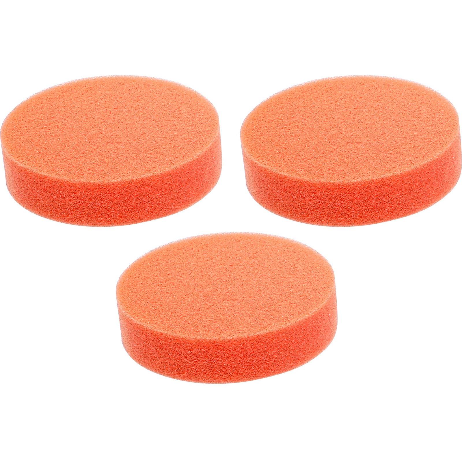 Drei orangefarbene, runde Schaumstoffpads werden nah beieinander vor einem weißen Hintergrund gezeigt.