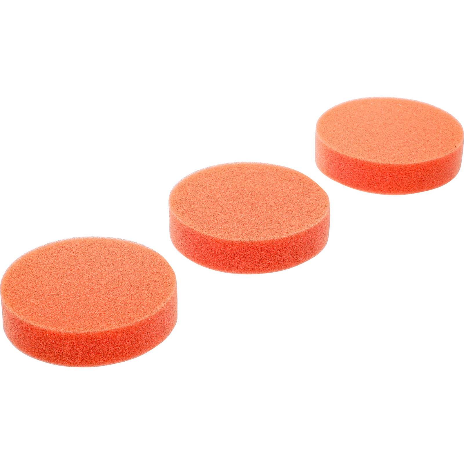 Drei identische orangefarbene Schaumstoffscheiben, horizontal auf einem weißen Hintergrund ausgerichtet.