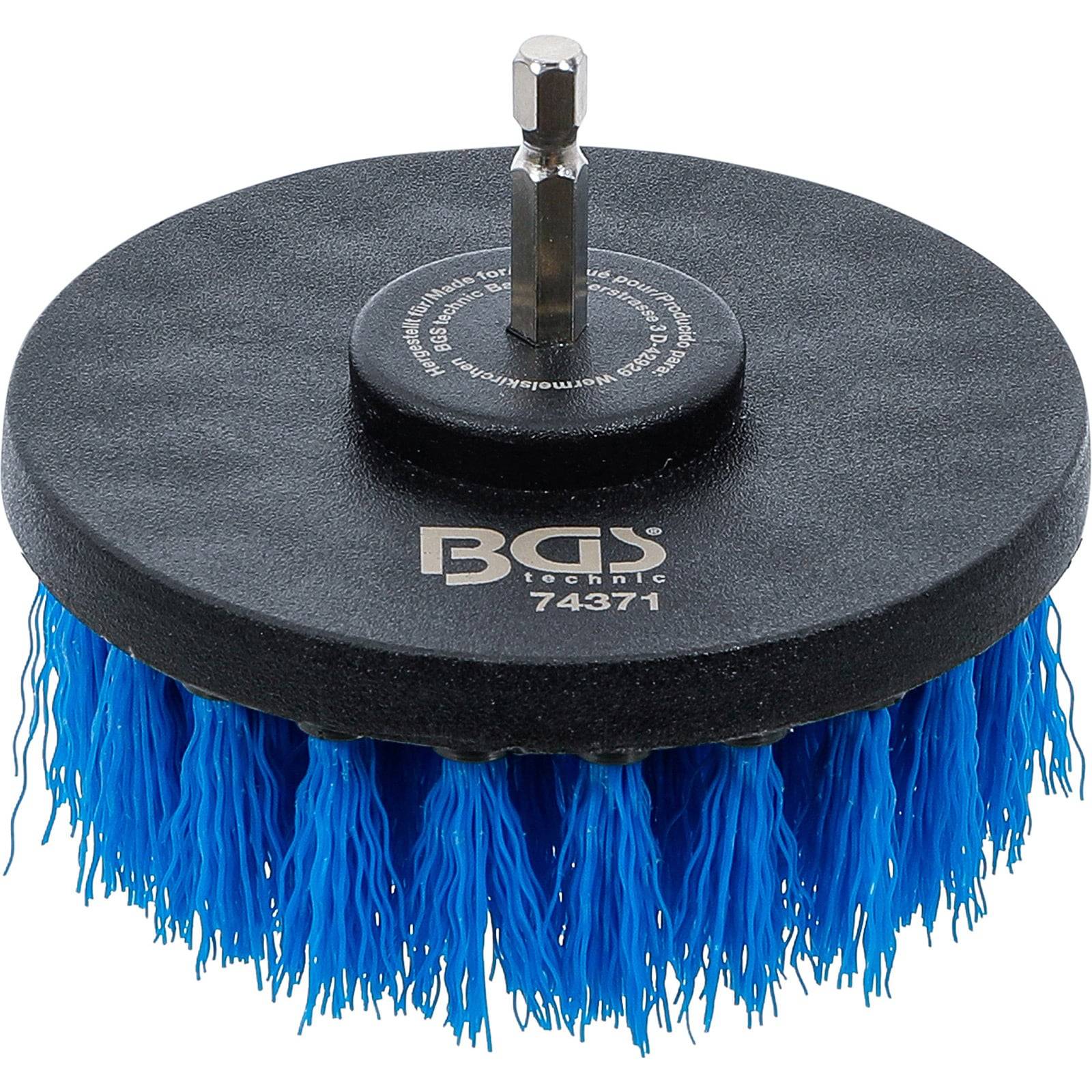 Eine runde Drahtbürste mit blauen Borsten und einer zentralen Befestigungsvorrichtung für Bohrmaschinen, die für Reinigungs- und Oberflächenvorbereitungsaufgaben verwendet wird.