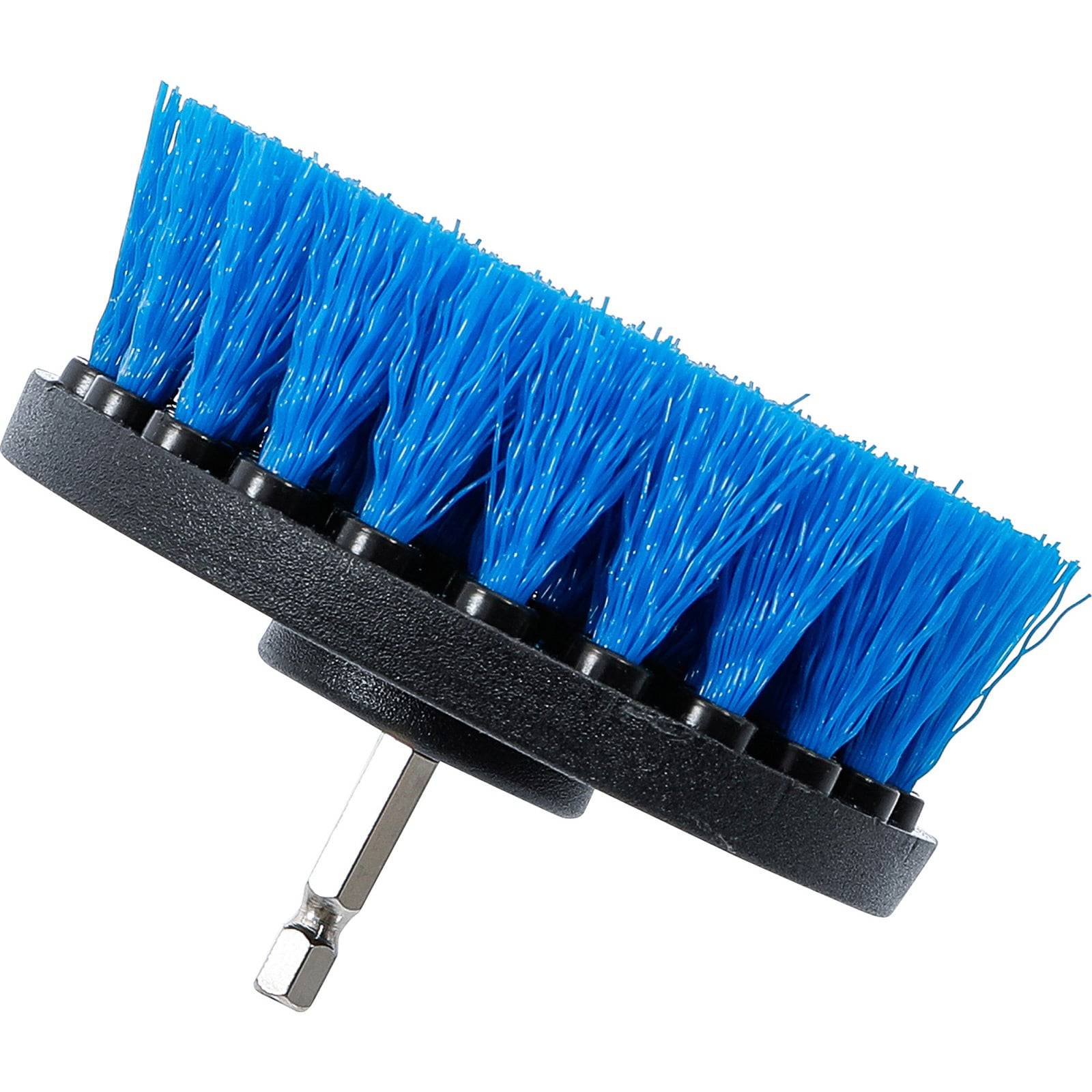 Eine runde Bürstenaufsatz mit blauen Borsten und einem Metallbohrer für Hochdruckreinigungsaufgaben.