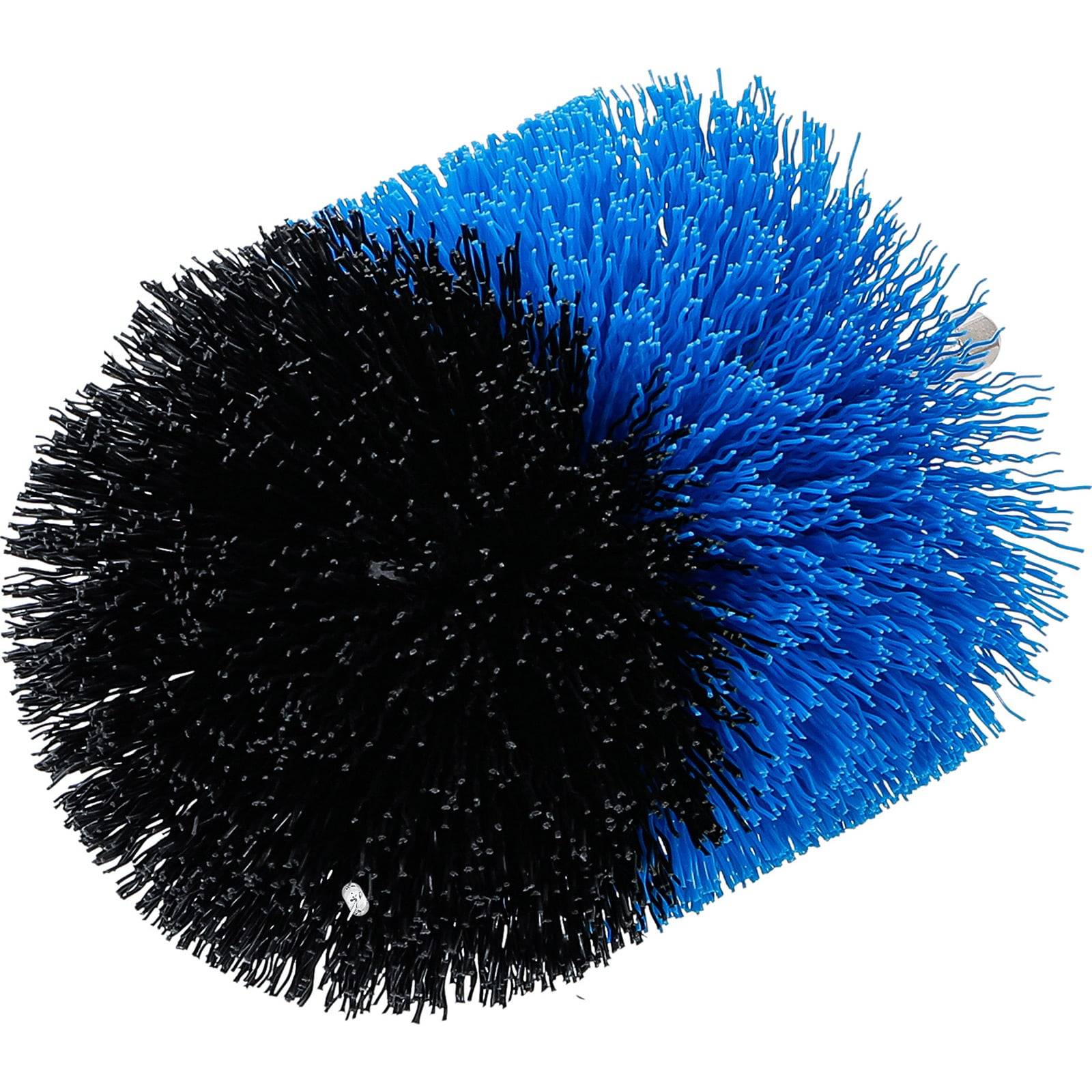 Eine blaue und schwarze zylindrische Bürstenadapter mit dichten Borsten, die für effektives Oberflächenreinigen konzipiert ist.