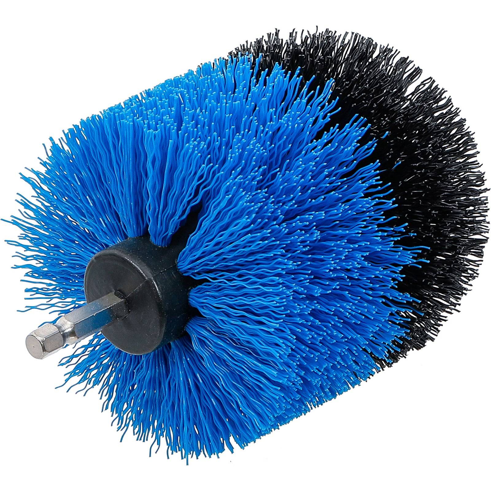 Ein rundes Bohrmaschinen-Bürstenaufsatz mit blauen und schwarzen Borsten, der zum Reinigen von Oberflächen verwendet wird. Er verfügt über einen sechseckigen Metallschaft für einfache Befestigung.