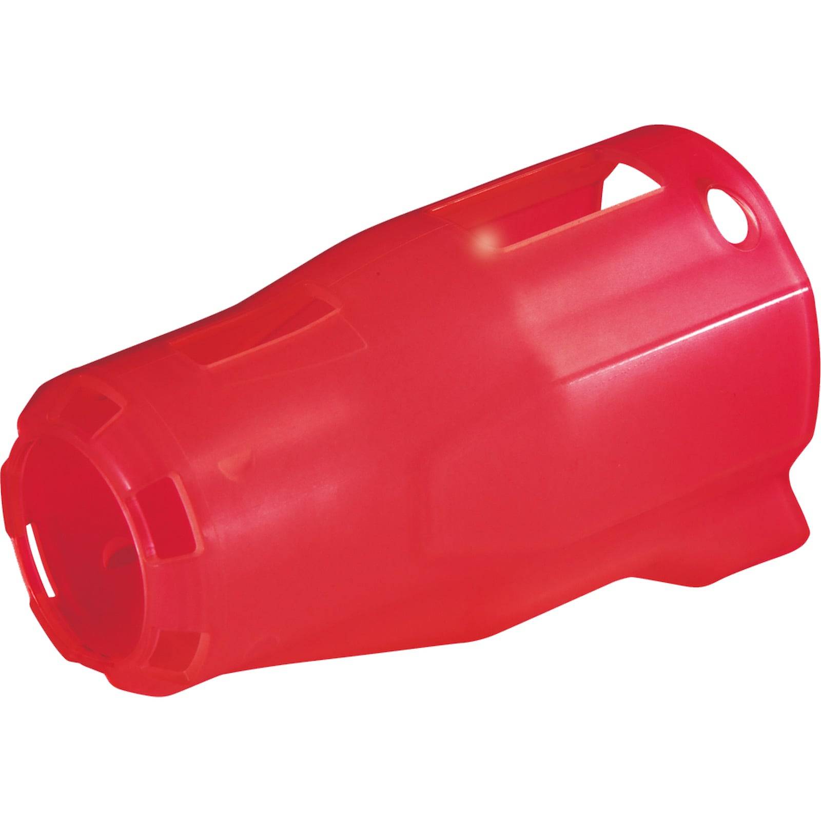 Eine hell rote, zylindrische Sicherheitsabdeckung, die für einen Lochsäge-Aufsatz entwickelt wurde, mit mehreren Öffnungen für Belüftung und sichere Befestigung.