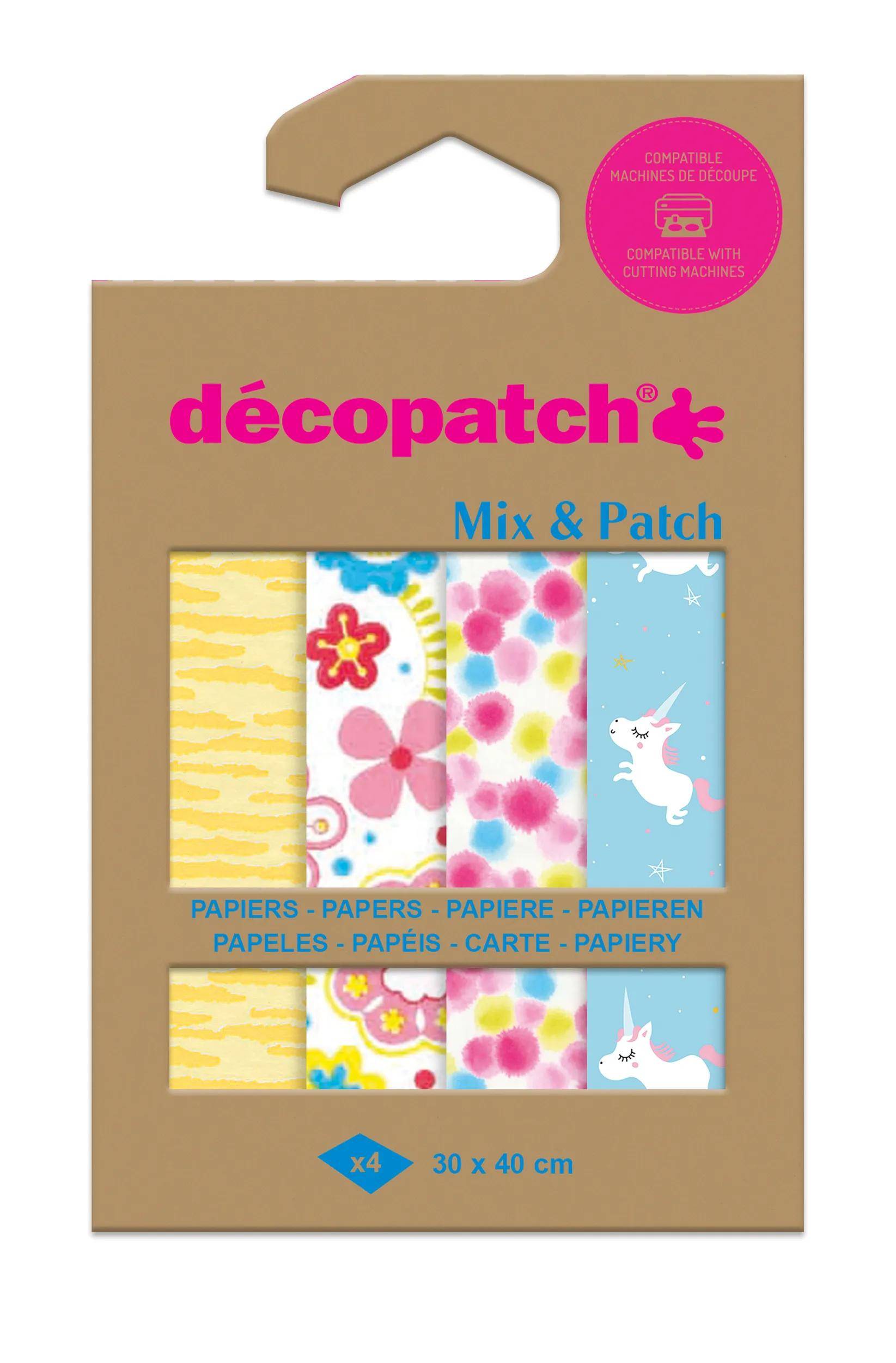 Packung mit Décopatch-Papier mit fünf bunten Mustern, darunter Blumen, Punkte und Einhörner. Der Text lautet „Mix & Patch