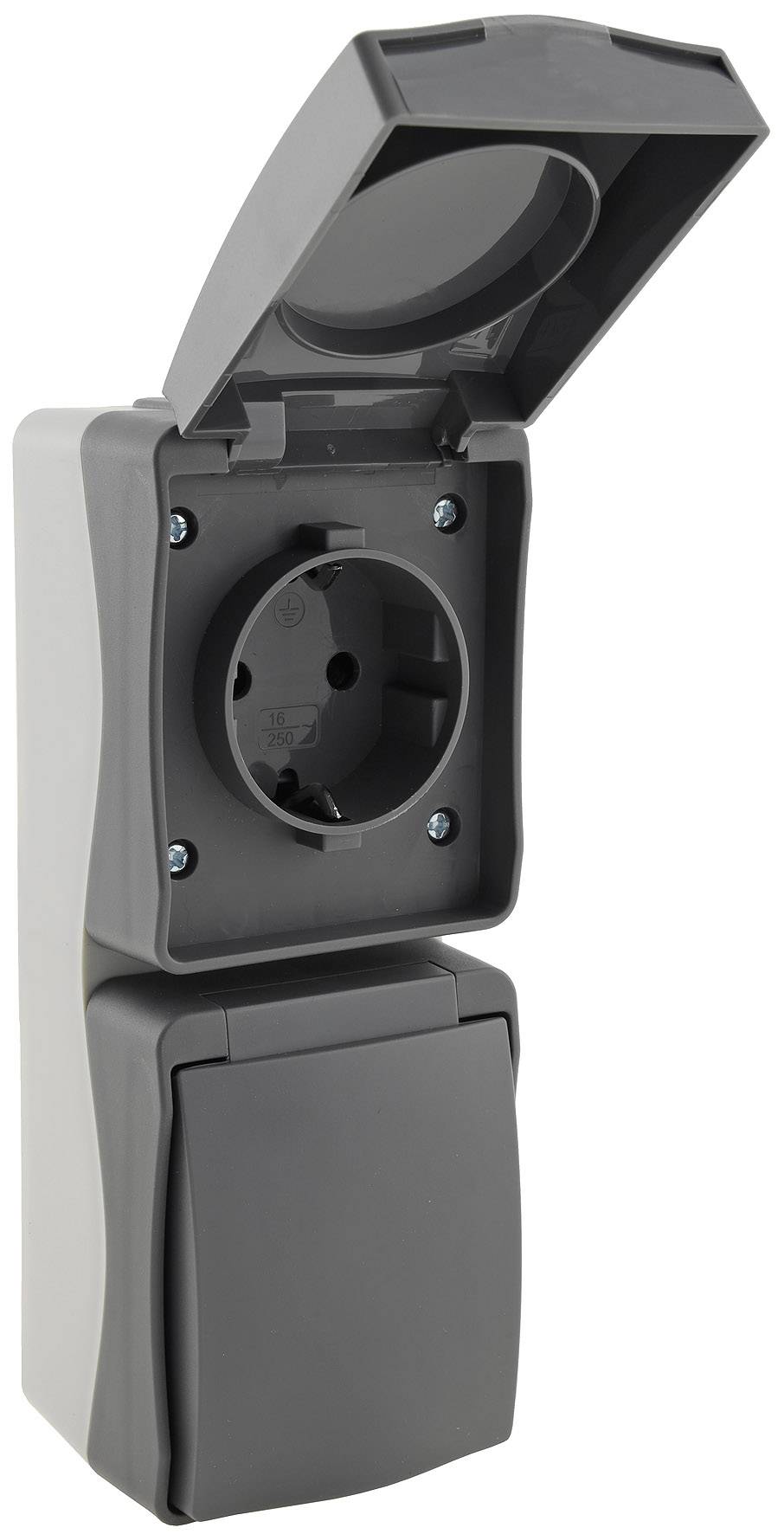 Chilitec NUQUI Feuchtraum Doppel-Steckdose verti. IP54, Aufputz, 250V~/ 16A