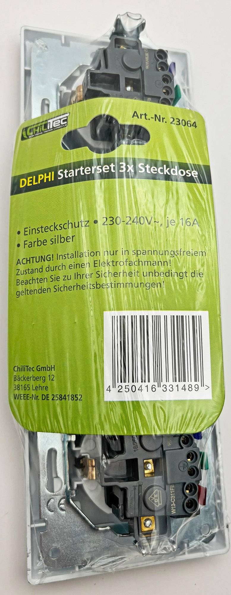 ChiliTec DELPHI Set 3 Steckdosen + 3-fach Rahmen 250V~/ 16A, Steckanschluss, silber