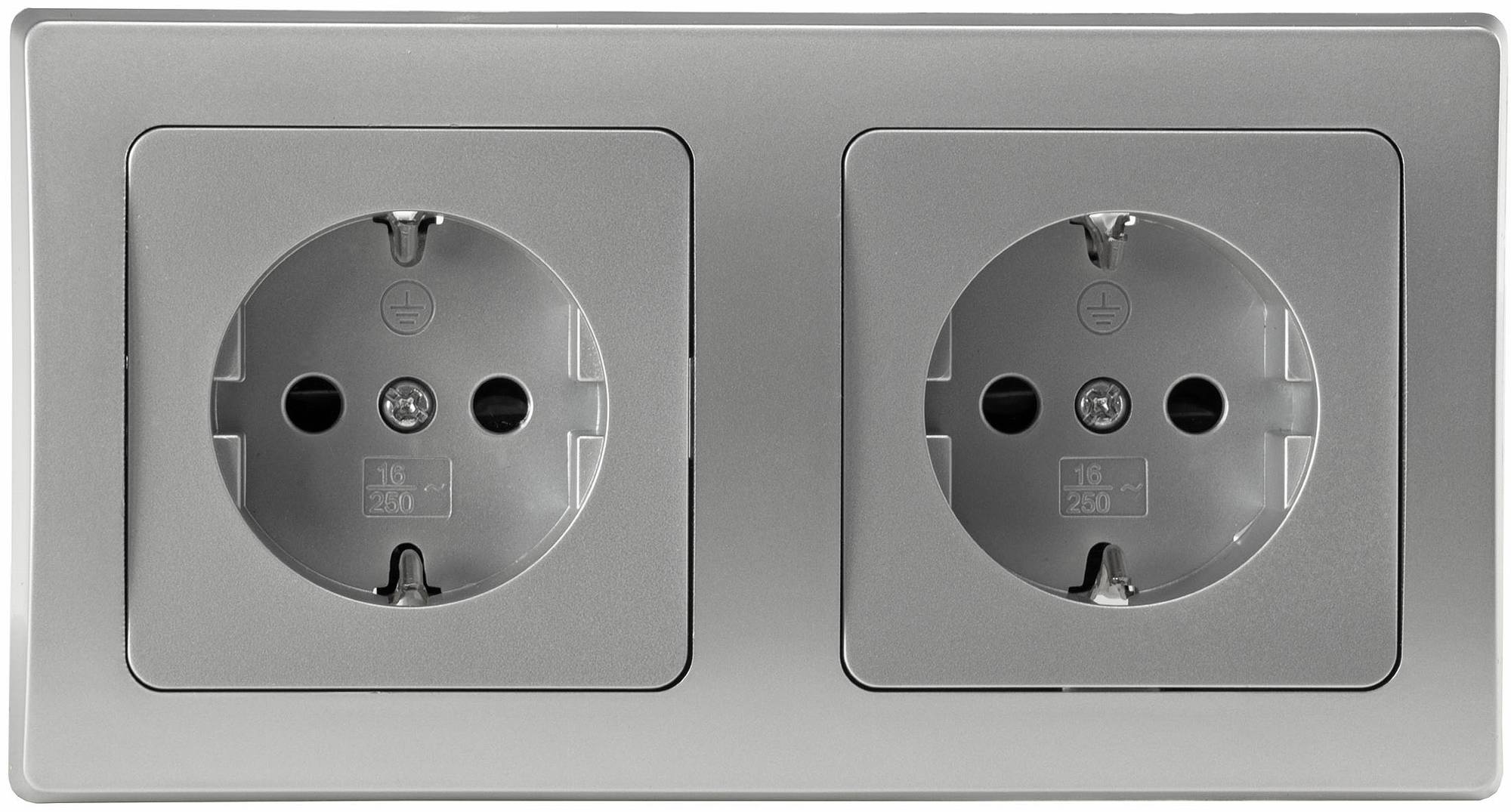 ChiliTec DELPHI Set 2 Steckdosen + 2-fach Rahmen 250V~/ 16A, Steckanschluss, silber