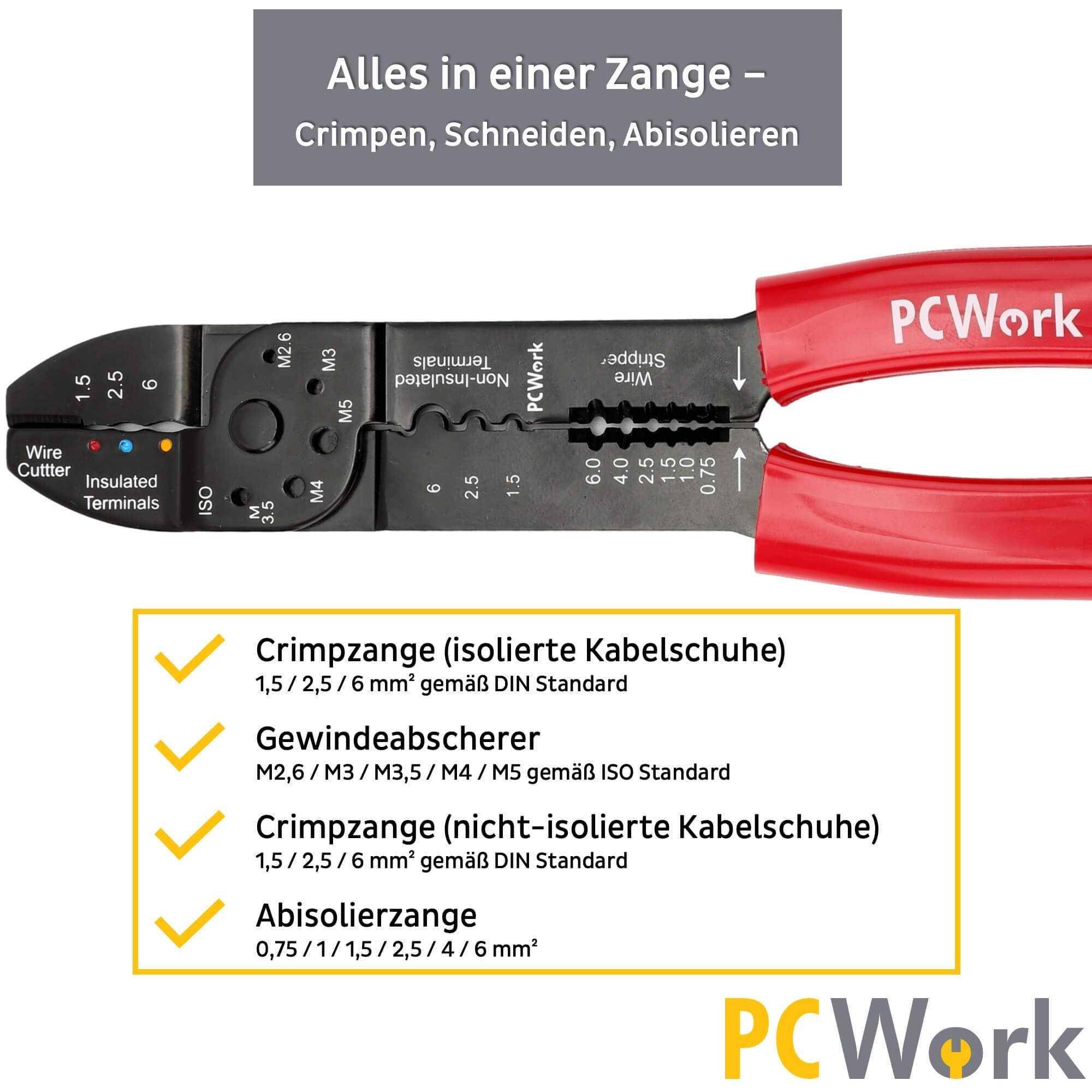 PCWork PCW04D 4in1 Crimpzange, Abisolierzange, Kabelschneider, Quetschzange, 0,75-6mm, M2,6-M5