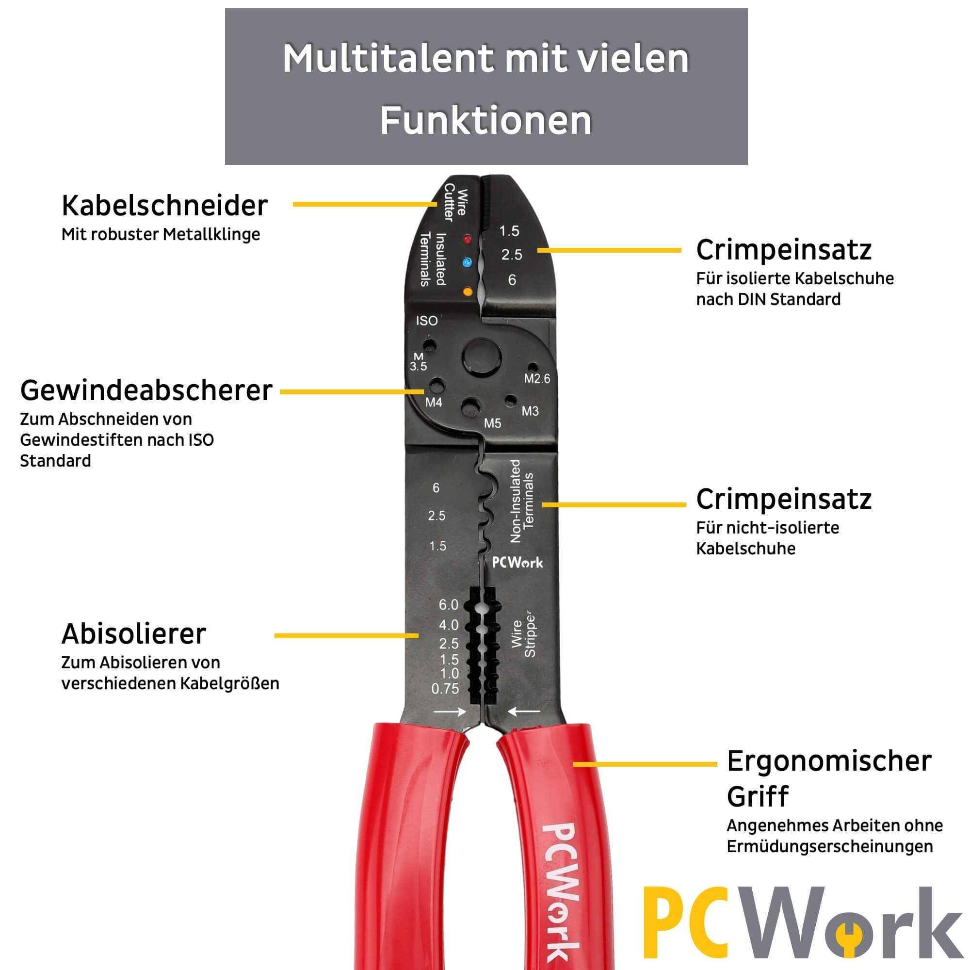 PCWork PCW04D 4in1 Crimpzange, Abisolierzange, Kabelschneider, Quetschzange, 0,75-6mm, M2,6-M5