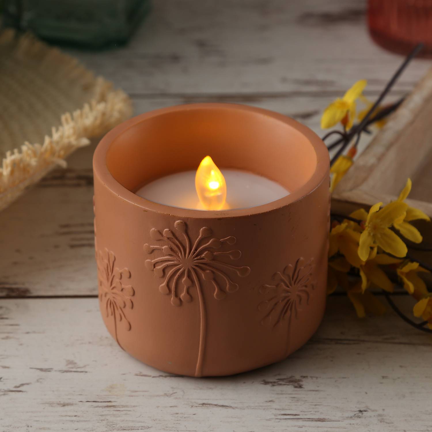 LED Solar Windlicht Pusteblume Blumenmuster Solar Kerze flackernd terracotta