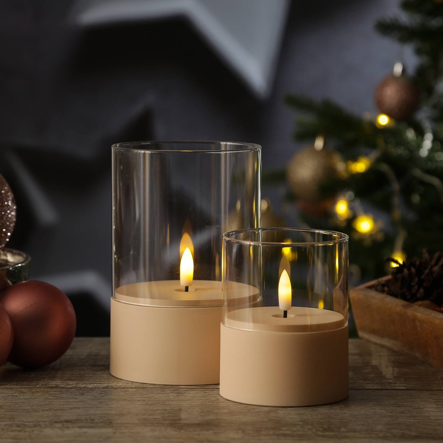 LED Windlicht Kerze im Glas flackernd Timer H: 15cm D: 10cm creme