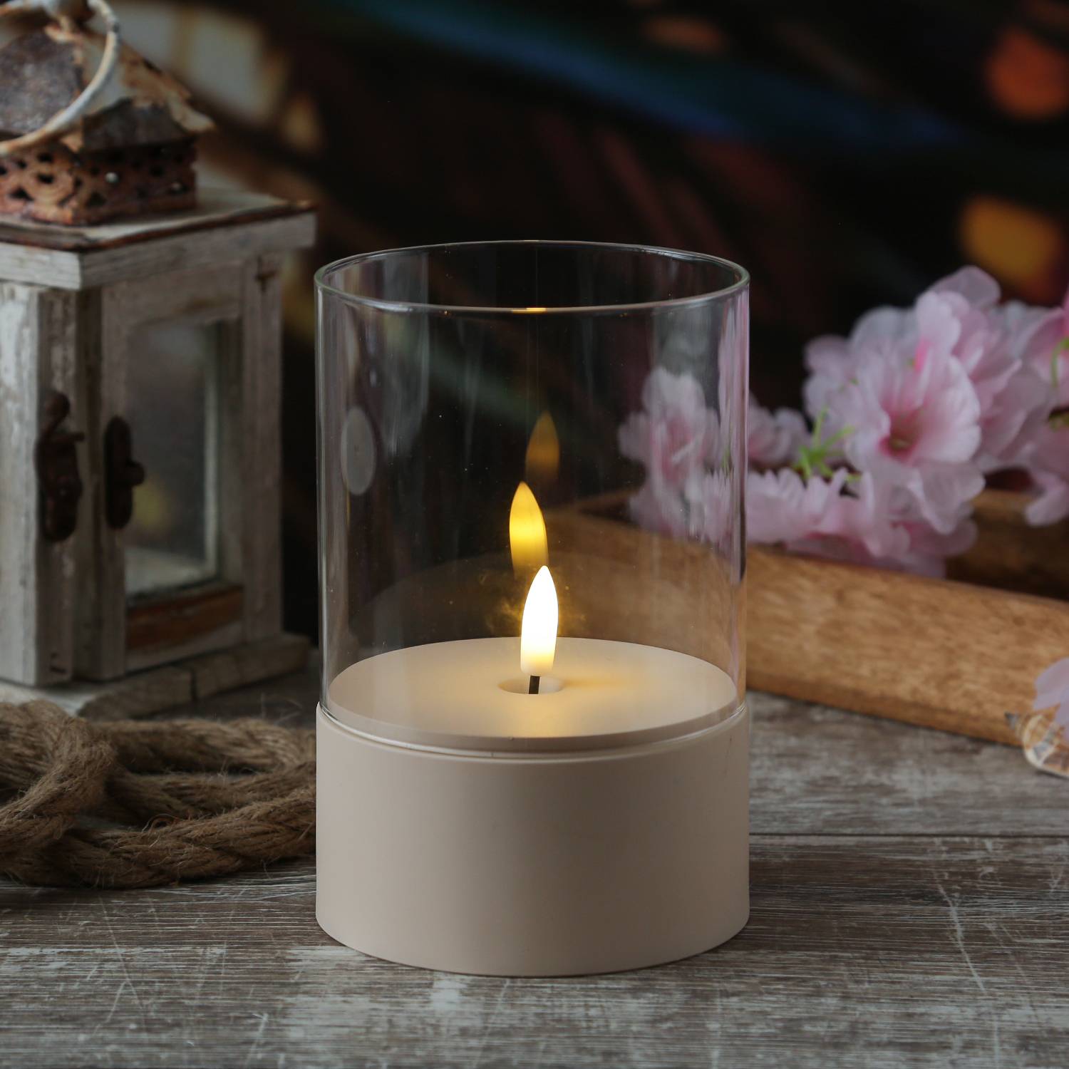 LED Windlicht Kerze im Glas flackernd Timer H: 15cm D: 10cm creme